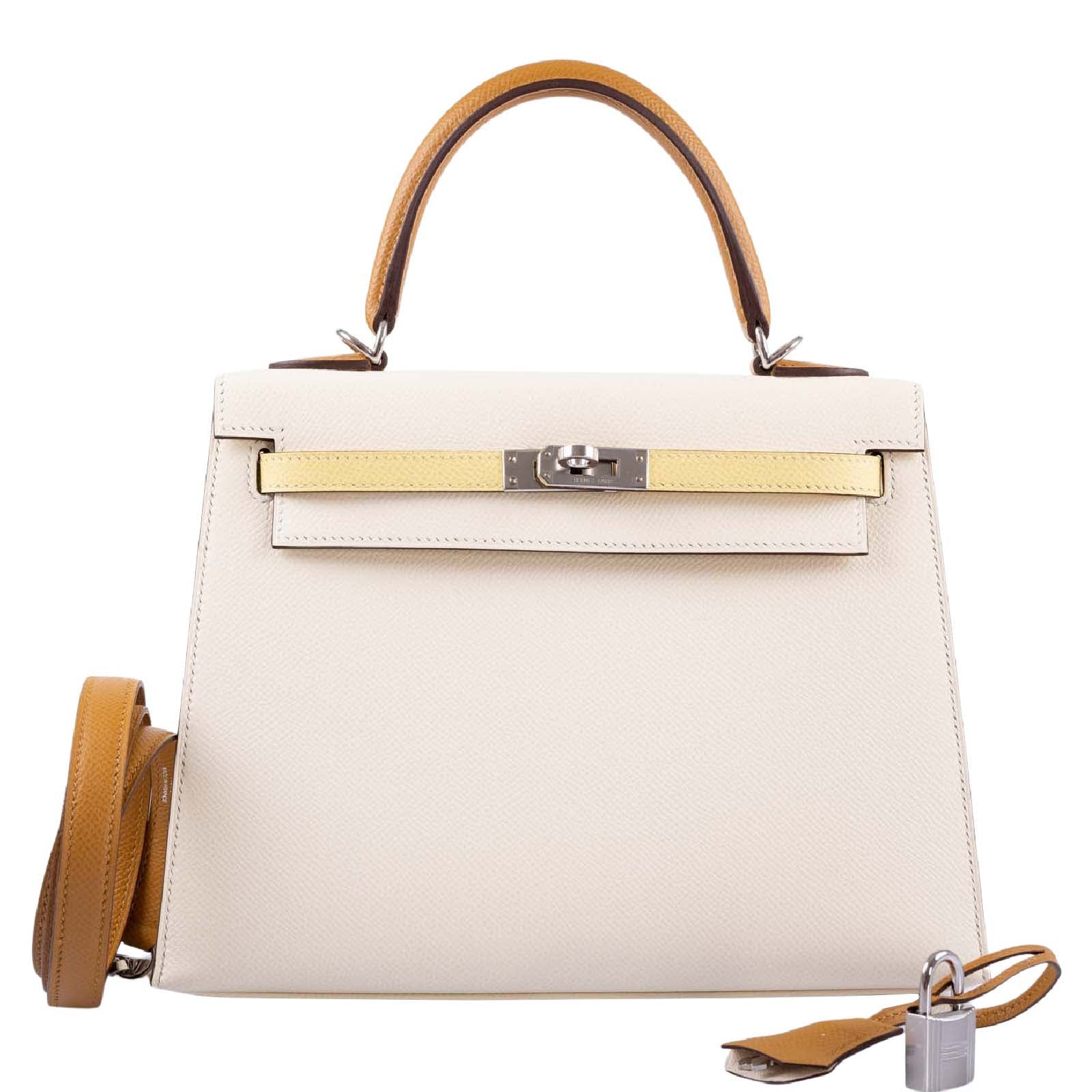 Hermès Kelly 25 Sellier Limited Edition Tri-Color Nata, Jaune Poussin and Sesame Epsom Palladium Hardware