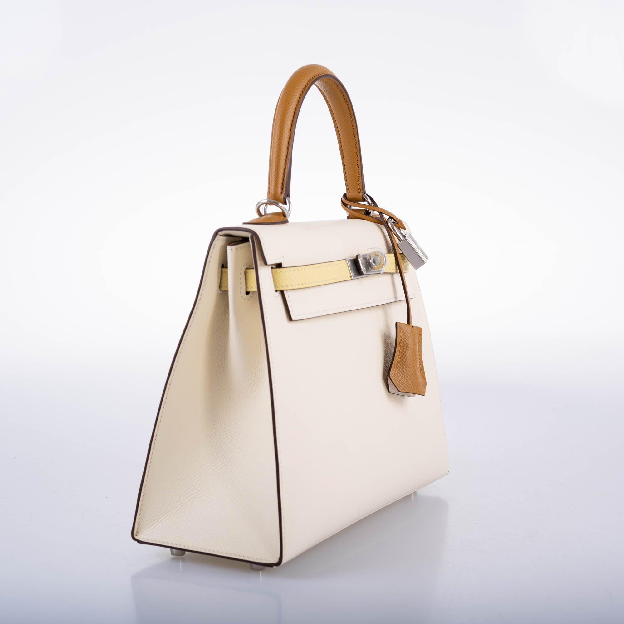 Hermès Kelly 25 Sellier Limited Edition Tri-Color Nata, Jaune Poussin and Sesame Epsom Palladium Hardware