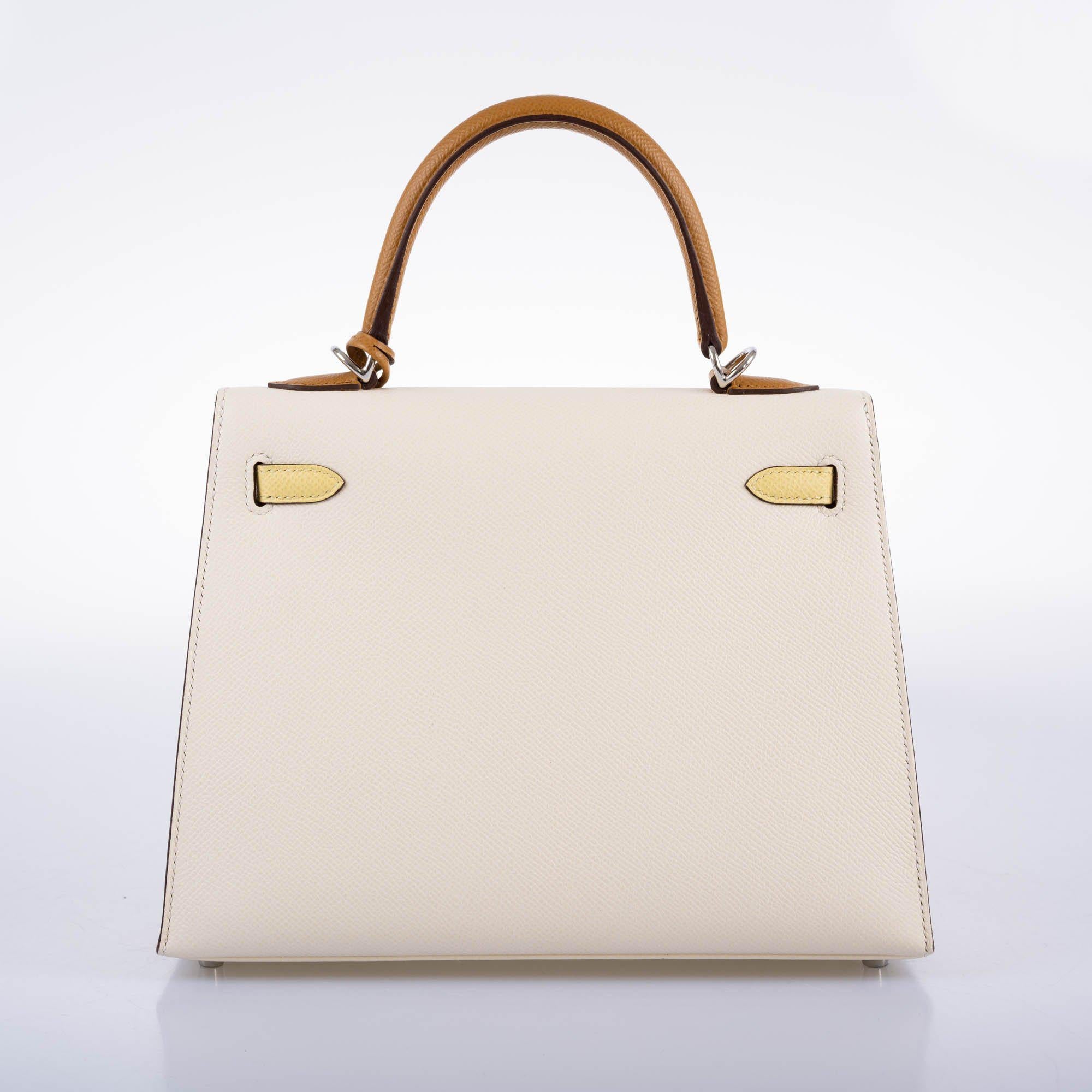 Hermès Kelly 25 Sellier Limited Edition Tri-Color Nata, Jaune Poussin and Sesame Epsom Palladium Hardware