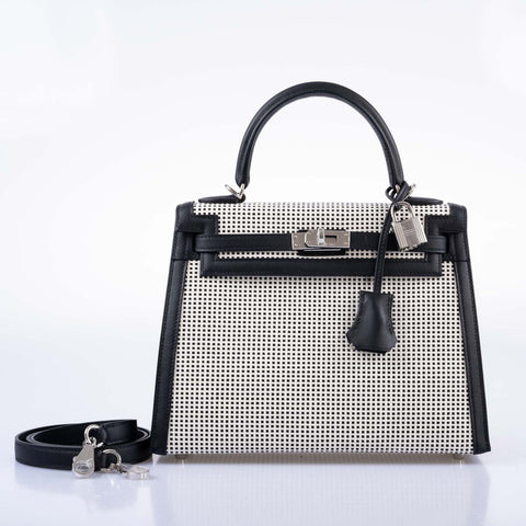 Hermès Kelly 25 Sellier Quadrille Black and White Viking Toile and Swift Palladium Hardware