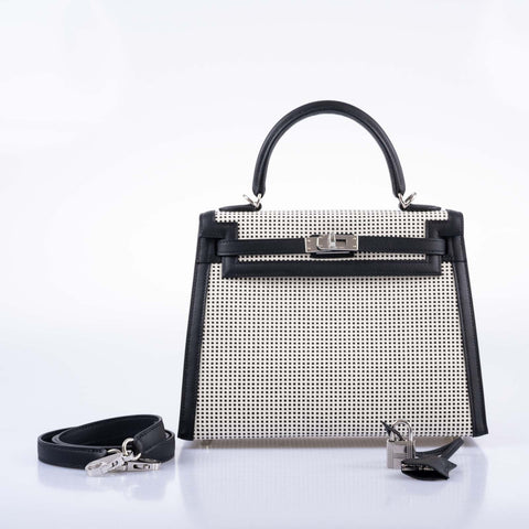 Hermès Kelly 25 Sellier Quadrille Black and White Viking Toile and Swift Palladium Hardware