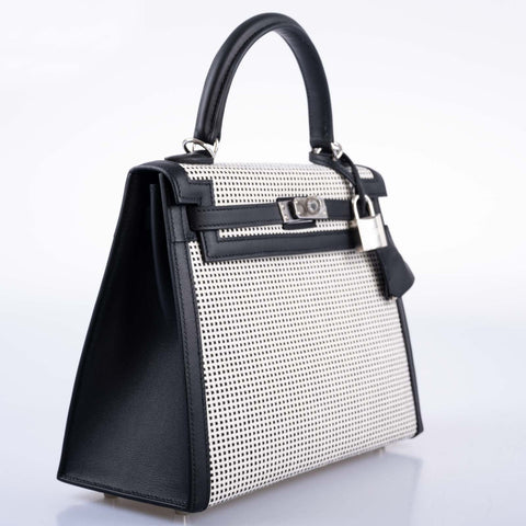 Hermès Kelly 25 Sellier Quadrille Black and White Viking Toile and Swift Palladium Hardware