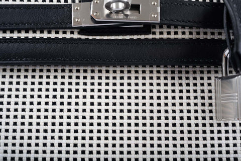 Hermès Kelly 25 Sellier Quadrille Black and White Viking Toile and Swift Palladium Hardware