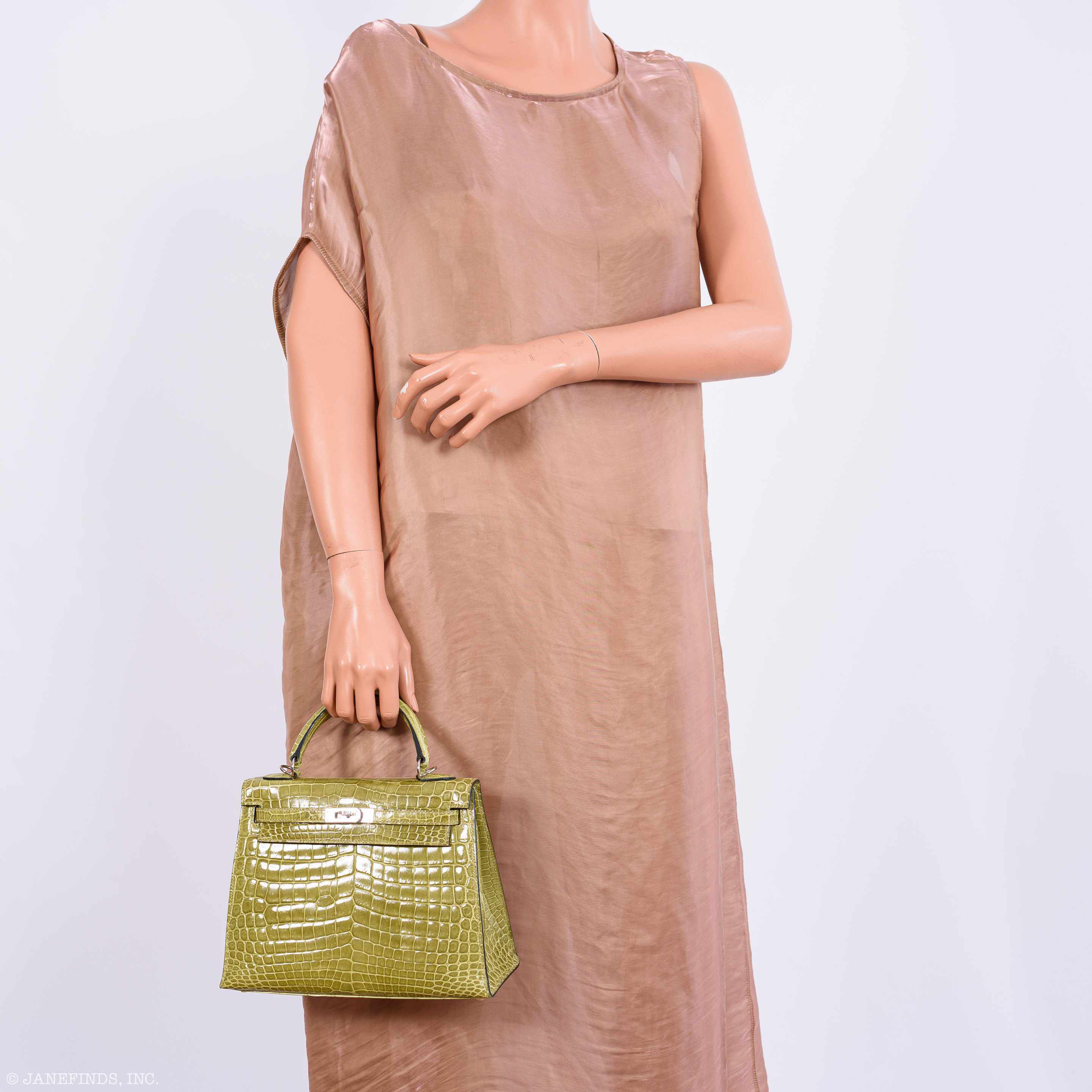 Hermès Kelly 25 Sellier Vert Anis Shiny Niloticus Crocodile Palladium Hardware - J