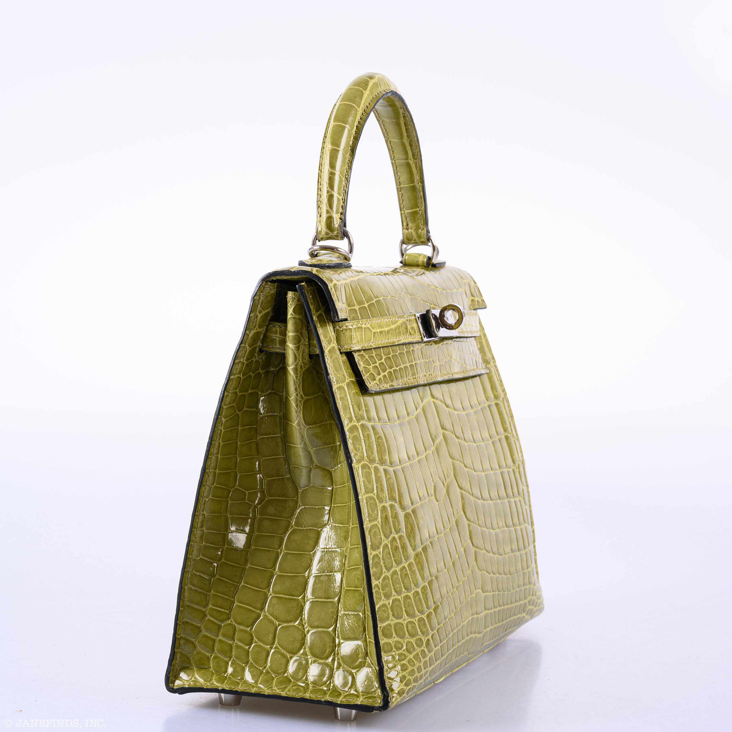 Hermès Kelly 25 Sellier Vert Anis Shiny Niloticus Crocodile Palladium Hardware - J