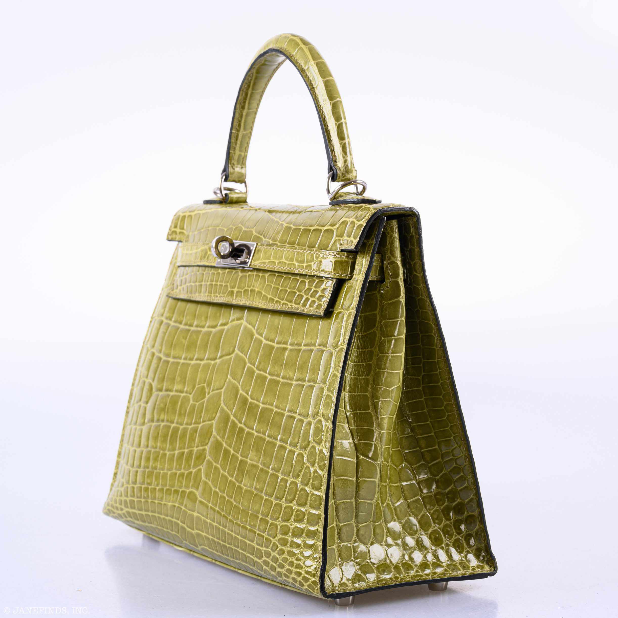 Hermès Kelly 25 Sellier Vert Anis Shiny Niloticus Crocodile Palladium Hardware - J
