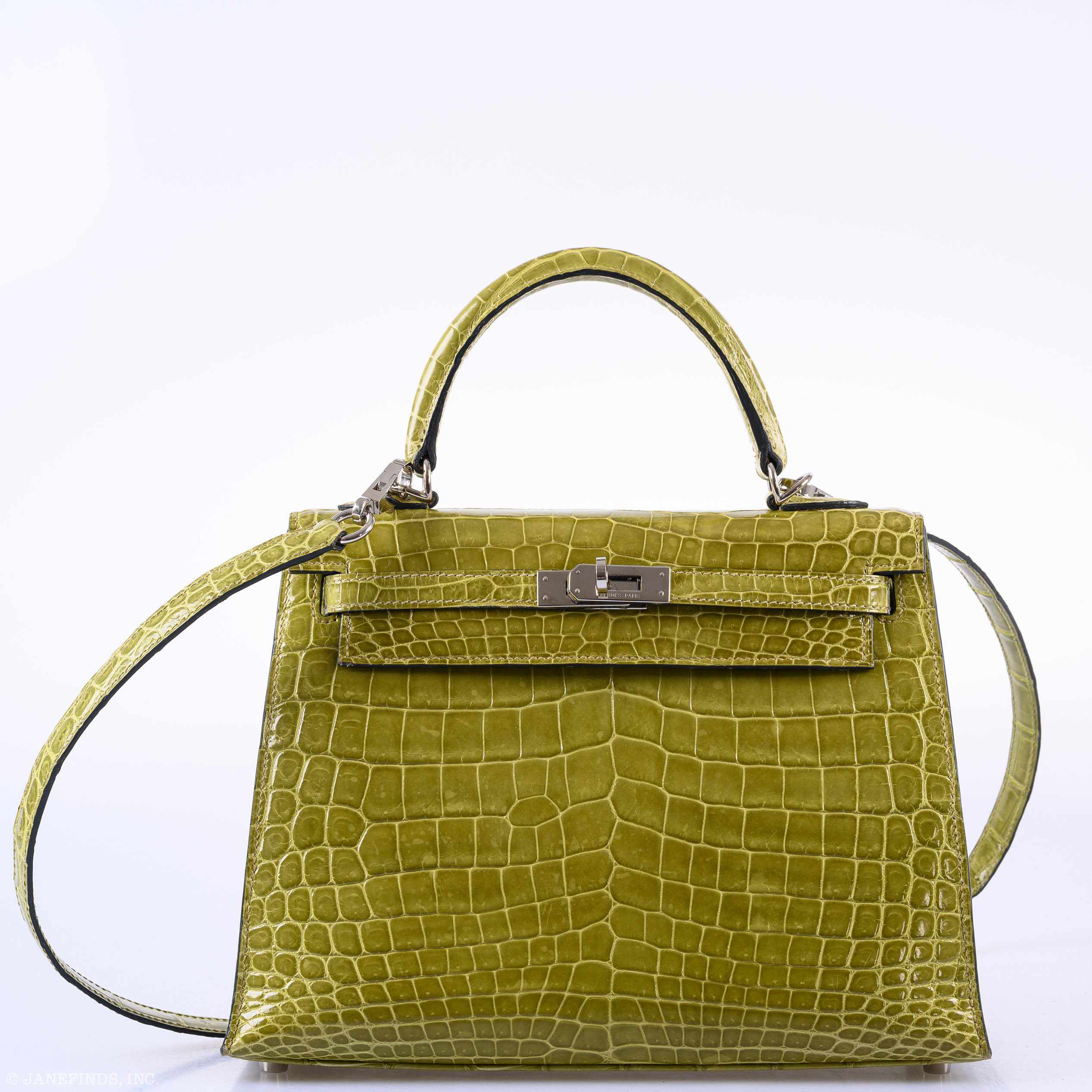 Hermès Kelly 25 Sellier Vert Anis Shiny Niloticus Crocodile Palladium Hardware - J