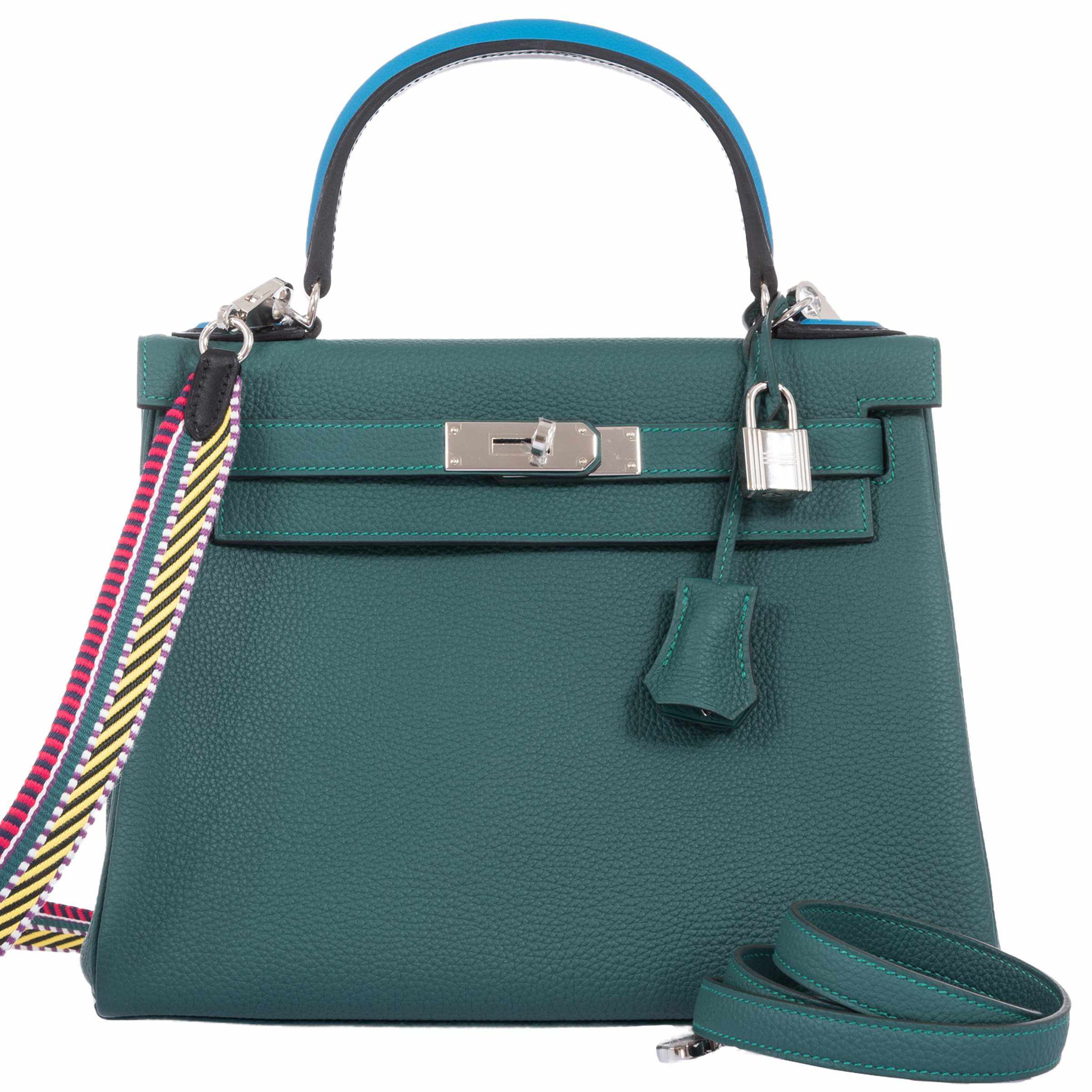 Hermès Kelly 28 Au Trot Malachite Togo Turquoise Chevre Black Box Calf Palladium Hardware