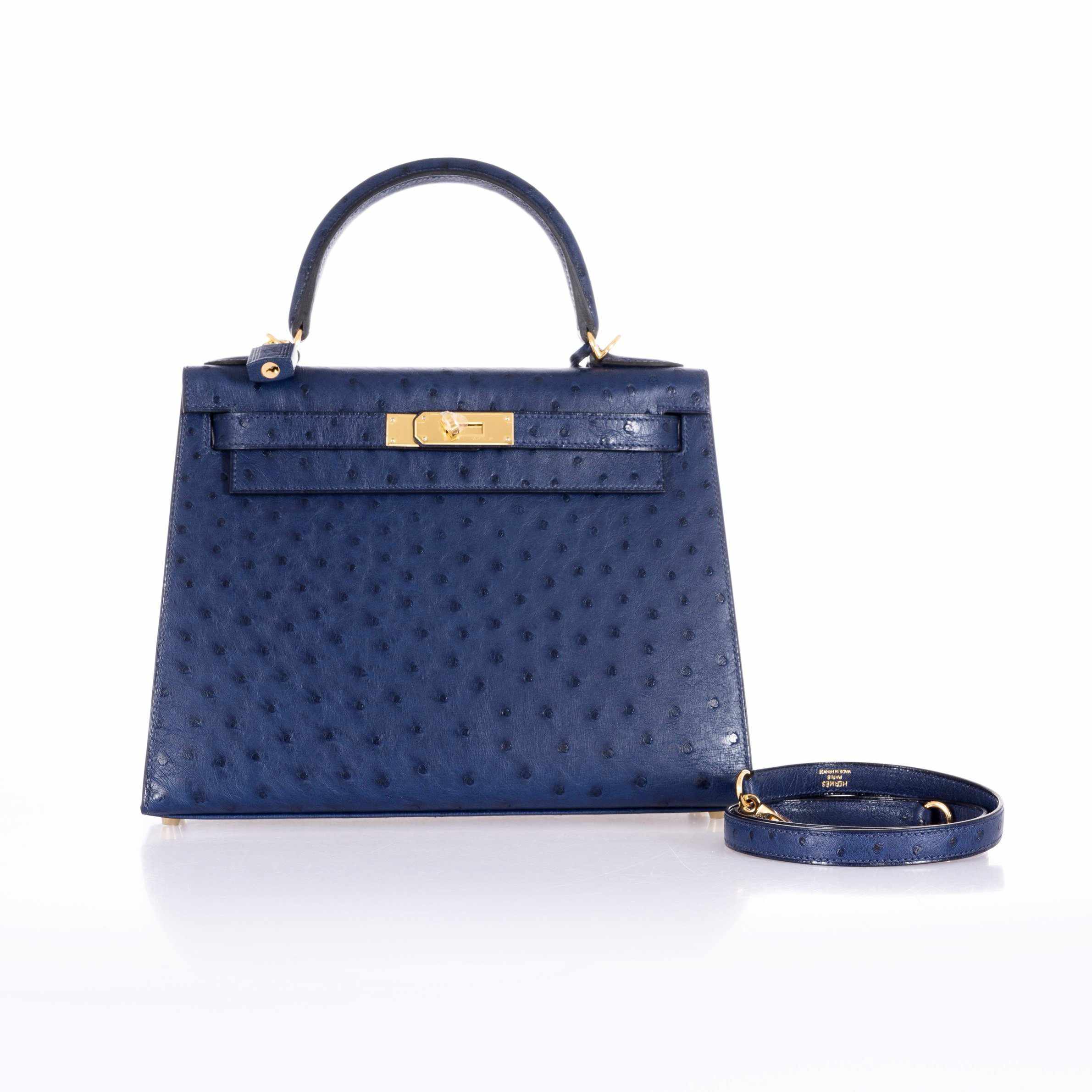 Hermès Kelly 28 Blue Iris Ostrich Gold Hardware Rare