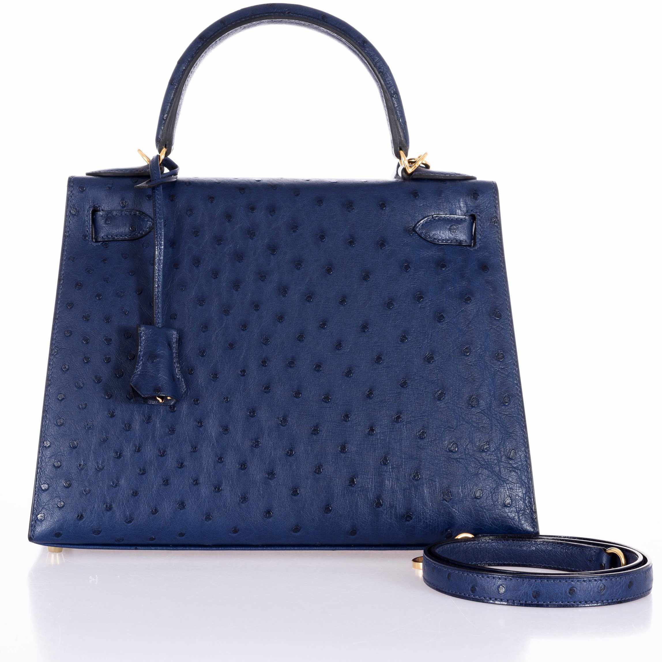 Hermès Kelly 28 Blue Iris Ostrich Gold Hardware Rare