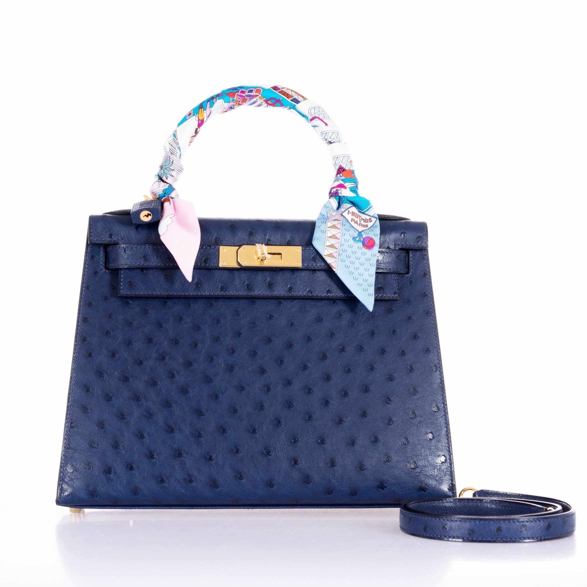 Hermès Kelly 28 Blue Iris Ostrich Gold Hardware Rare