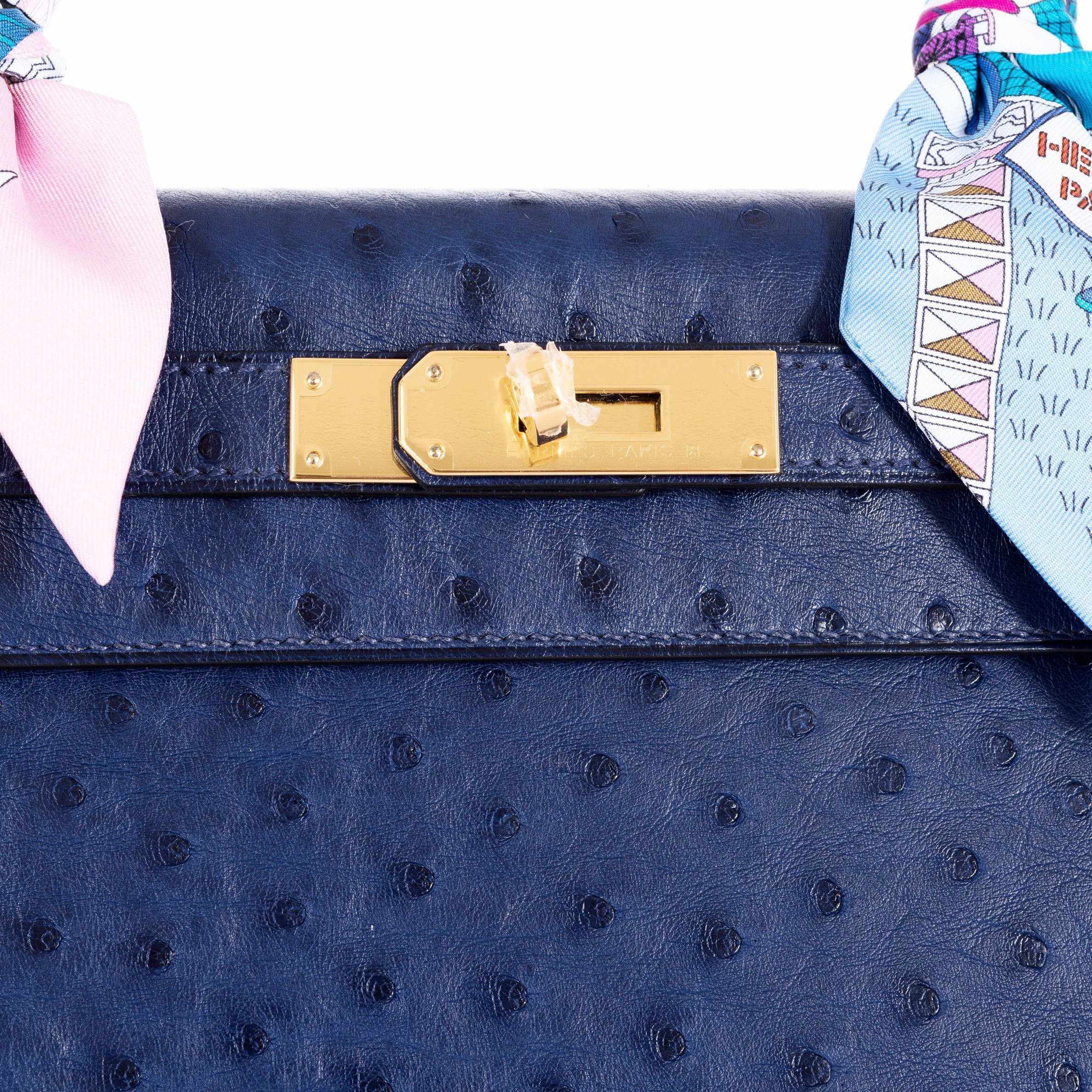 Hermès Kelly 28 Blue Iris Ostrich Gold Hardware Rare