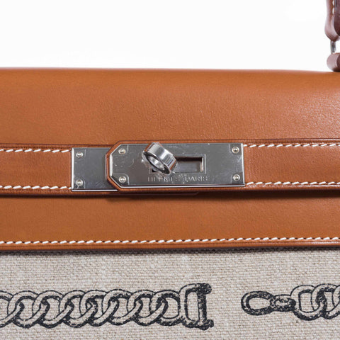 Hermès Kelly 28 De Camp Dechainee Toile And Fauve Barenia Palladium Hardware