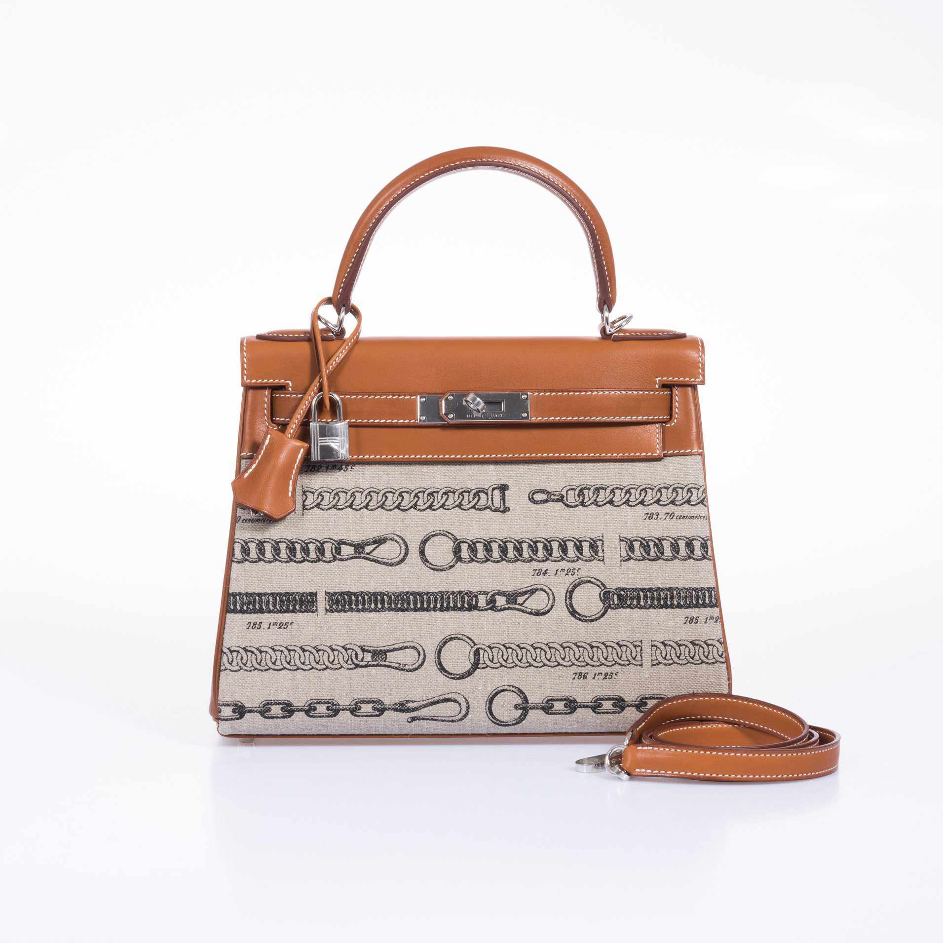 Hermès Kelly 28 De Camp Dechainee Toile And Fauve Barenia Palladium Hardware