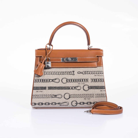 Hermès Kelly 28 De Camp Dechainee Toile And Fauve Barenia Palladium Hardware