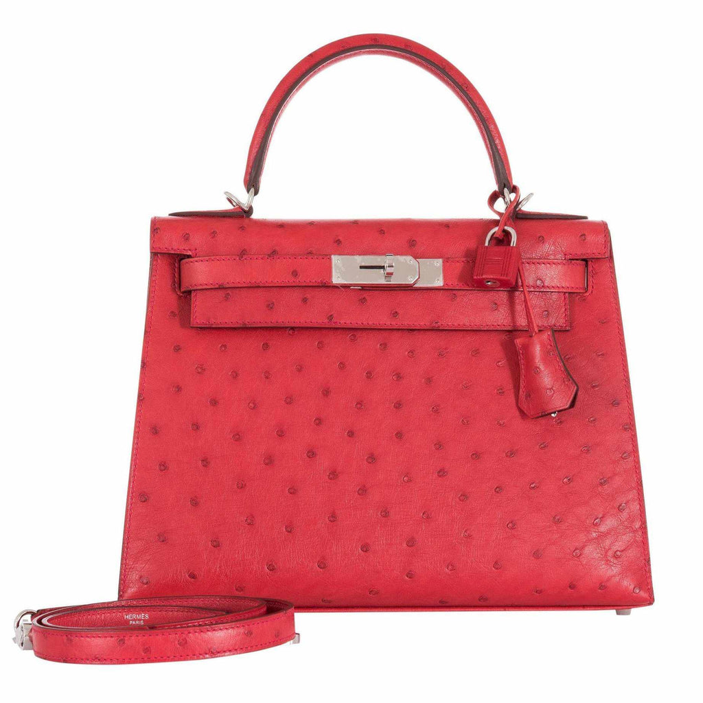 Hermes Kelly 25 Sellier Bag Ostrich Rouge Vif Pink Topstitch