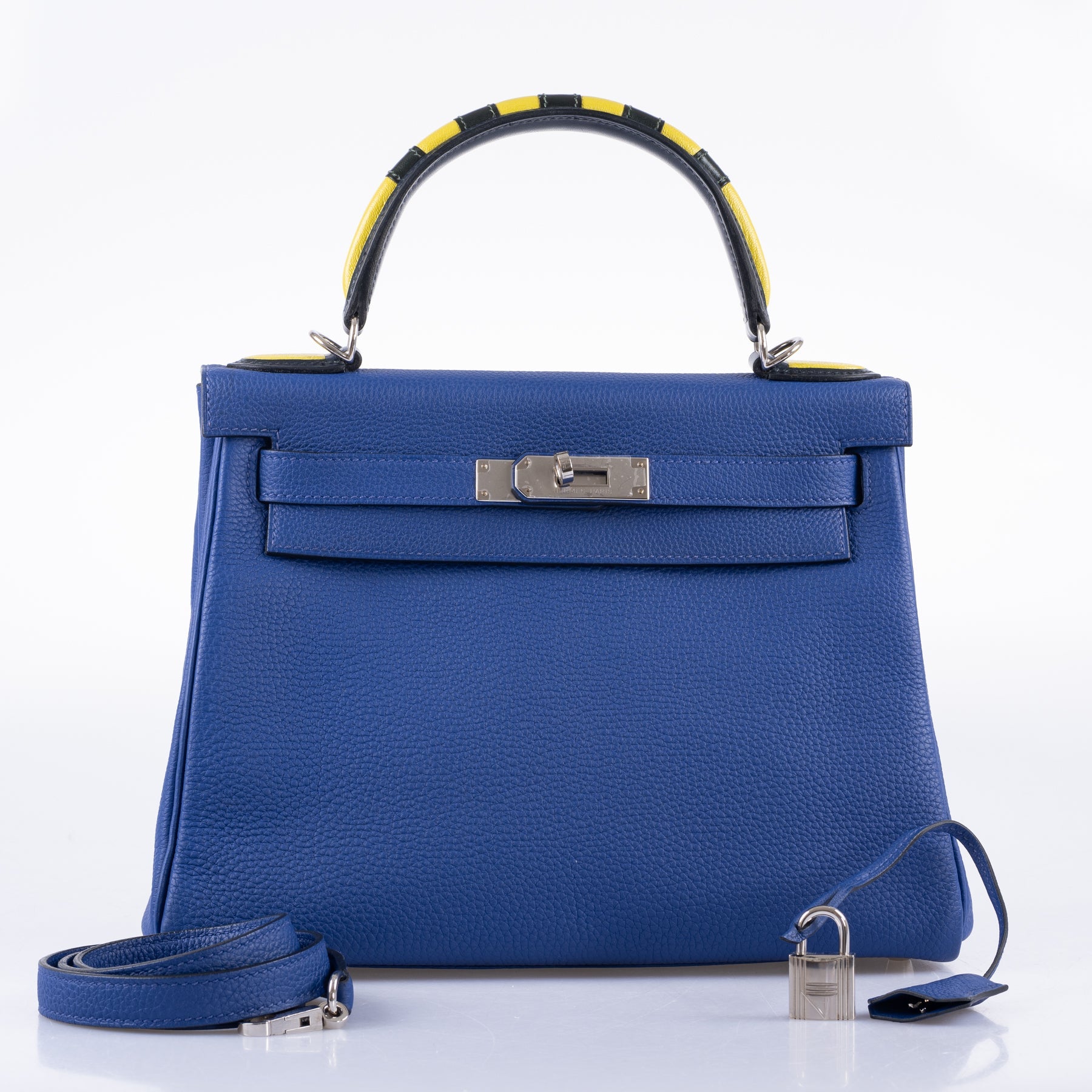Hermès Kelly 28 Retourne Au Galop Blue Electric, Yellow and Black Togo Palladium Hardware