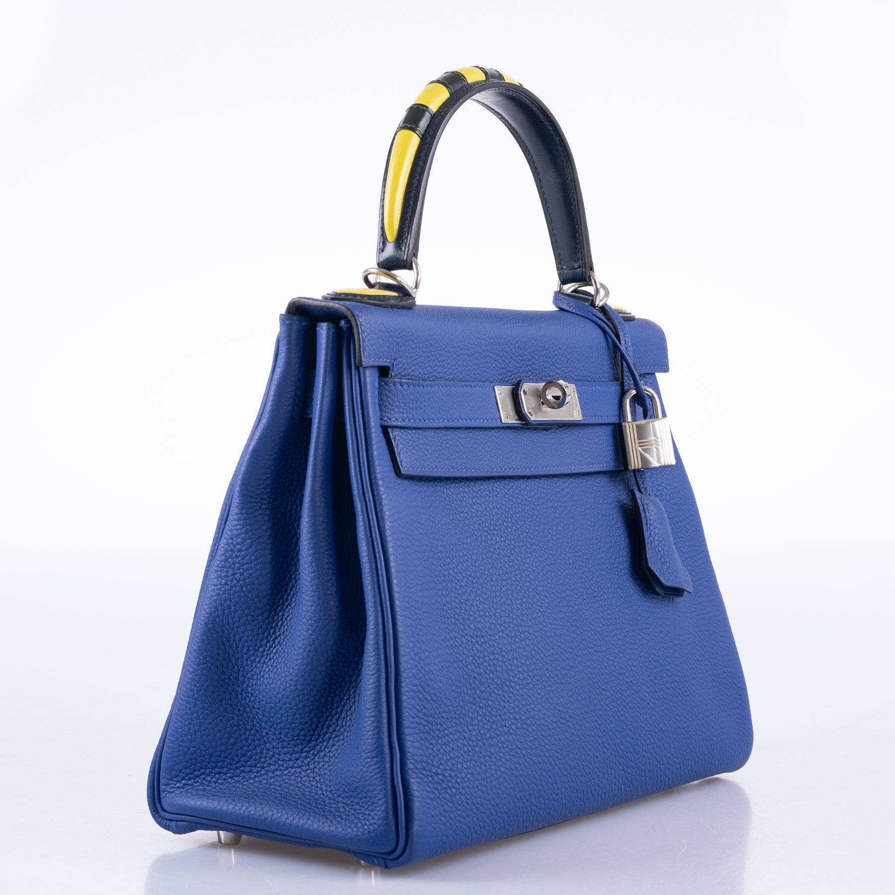 Hermès Kelly 28 Retourne Au Galop Blue Electric, Yellow and Black Togo Palladium Hardware