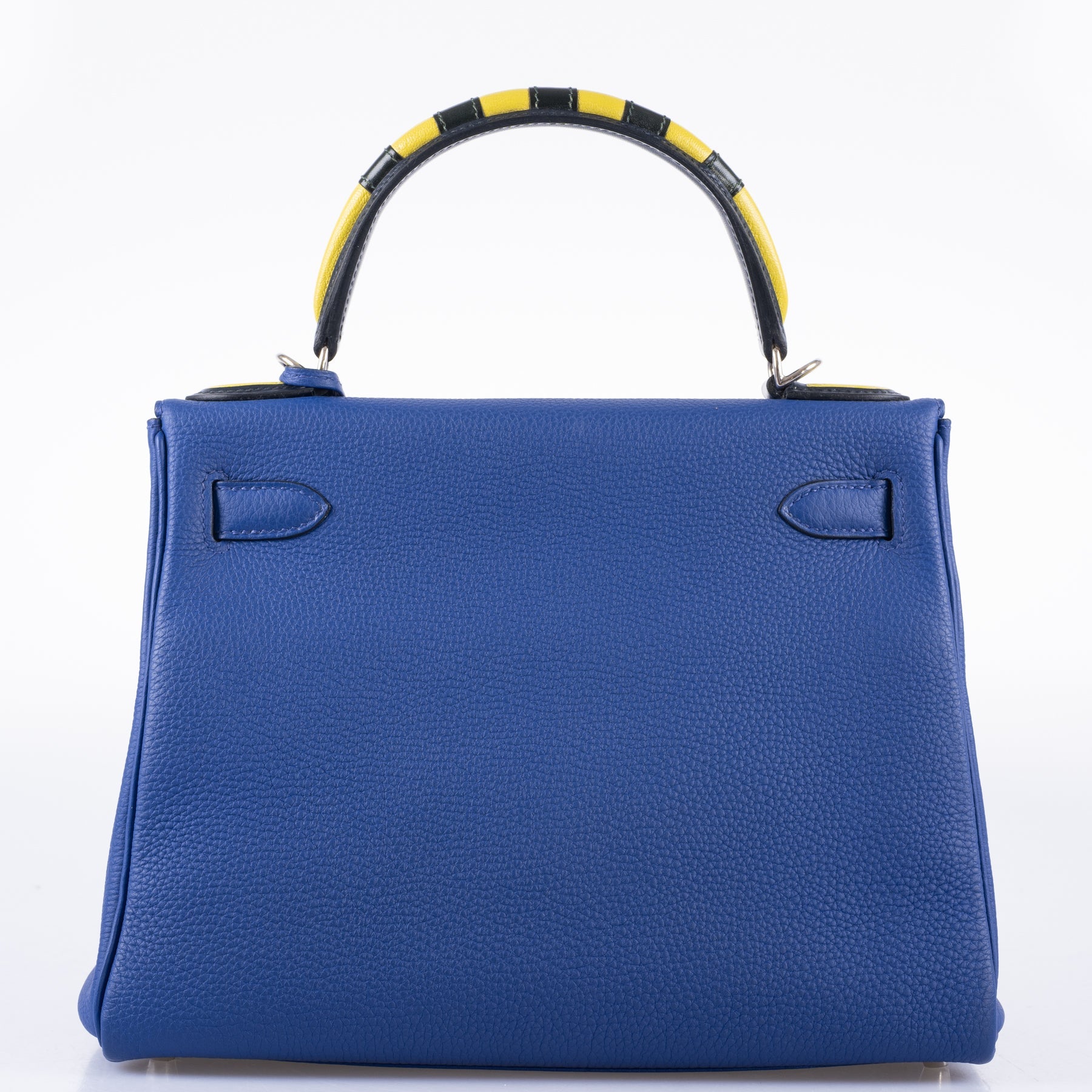 Hermès Kelly 28 Retourne Au Galop Blue Electric, Yellow and Black Togo Palladium Hardware