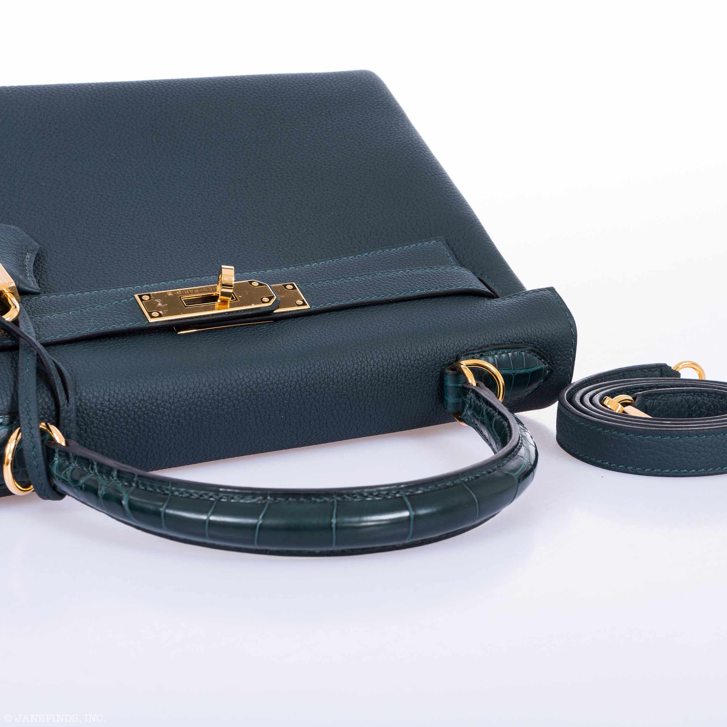 Hermès Kelly 28 Retourne Touch Vert Cypress Togo & Alligator Gold Hardware