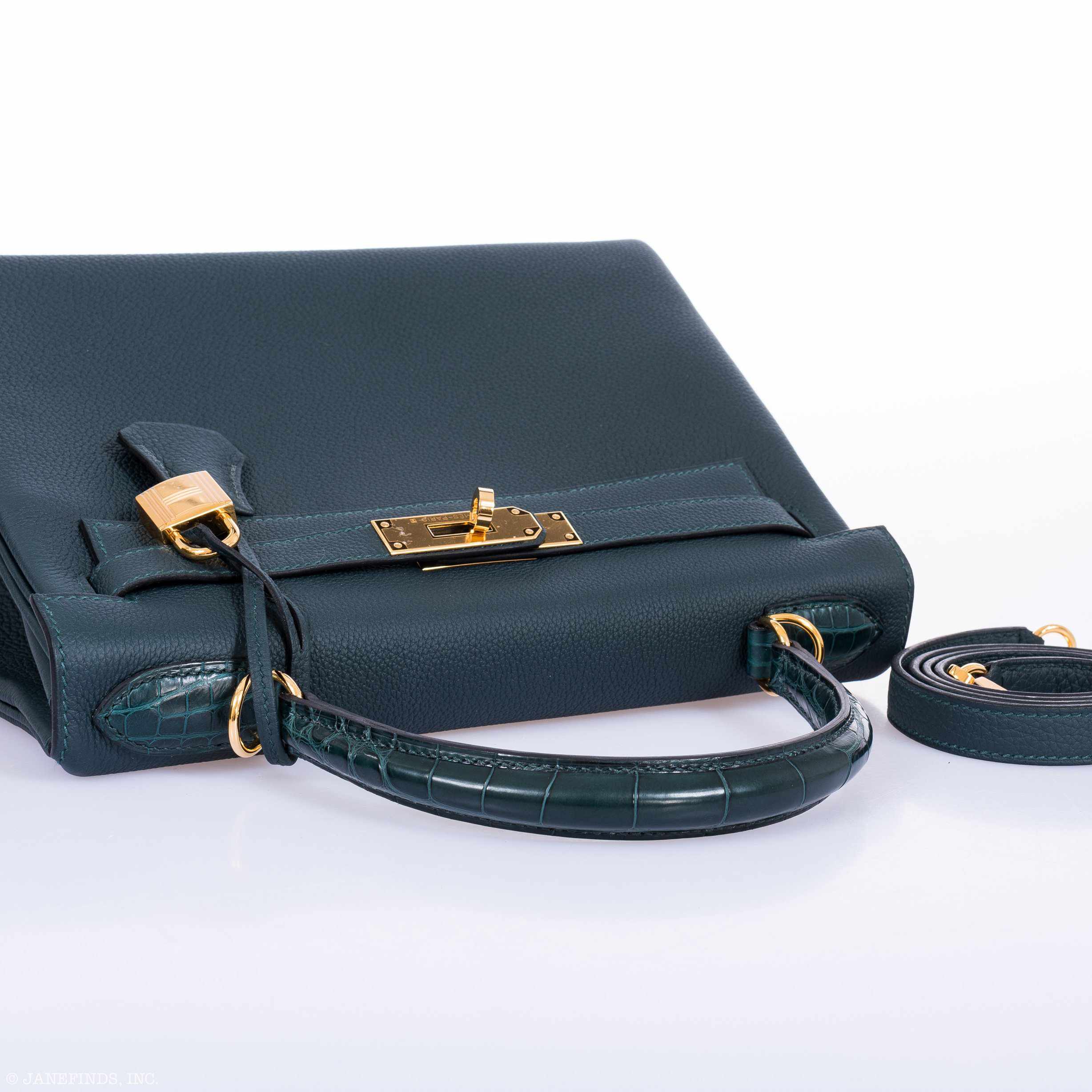 Hermès Kelly 28 Retourne Touch Vert Cypress Togo & Alligator Gold Hardware