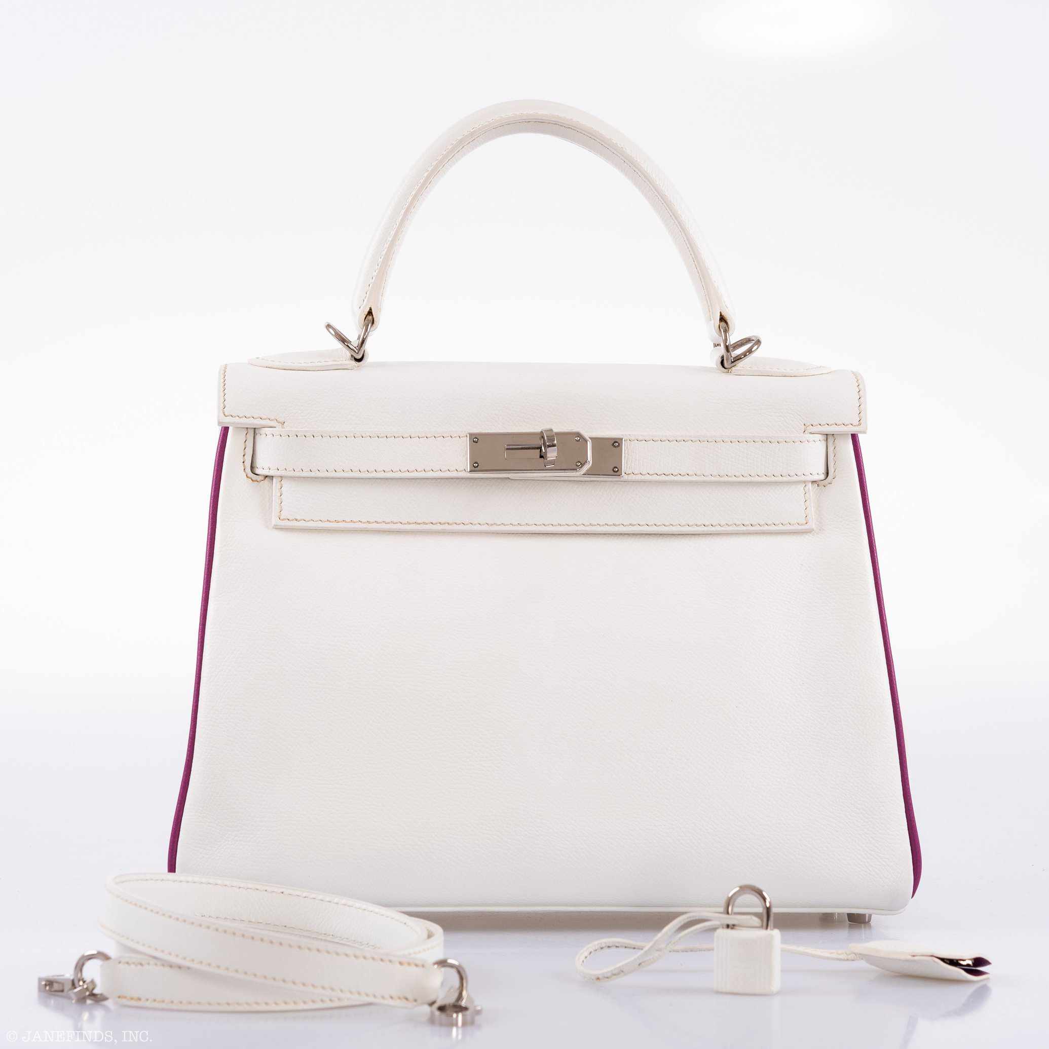 Hermès Kelly 28 Retourne Two-Tone White Epsom Cyclamen Piping Palladium Hardware