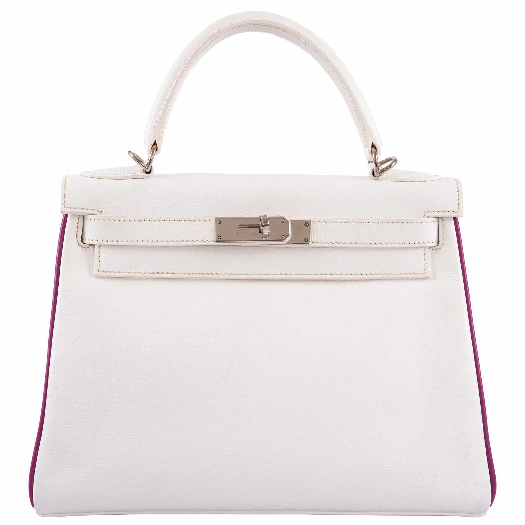 Hermès Kelly 28 Retourne Two-Tone White Epsom Cyclamen Piping Palladium Hardware