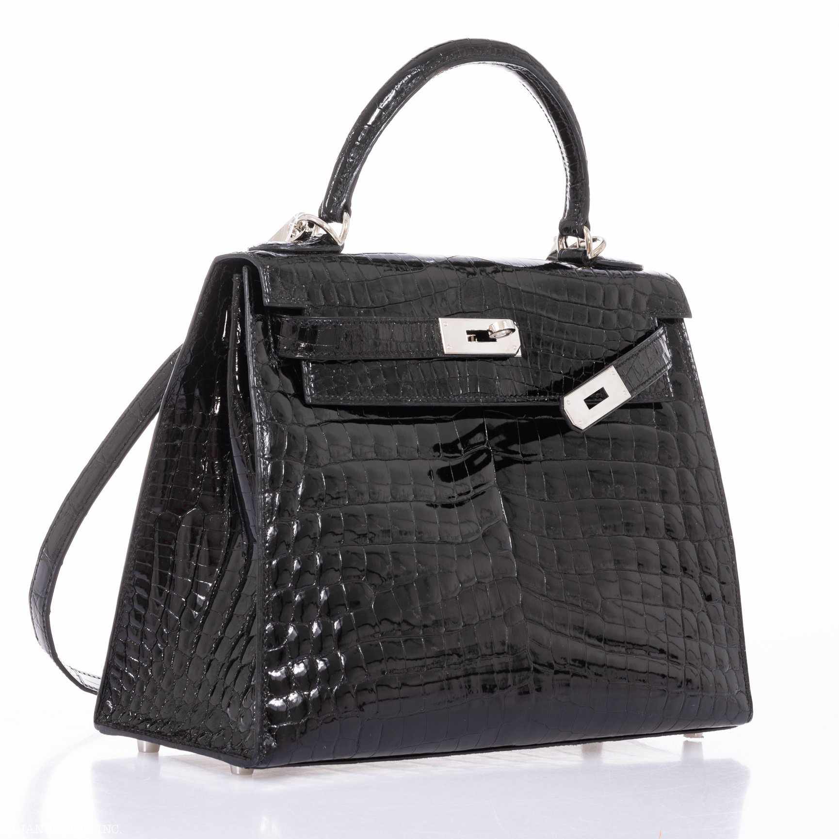 Hermès Kelly 28 Sellier Black Shiny Niloticus Crocodile Palladium Hardware