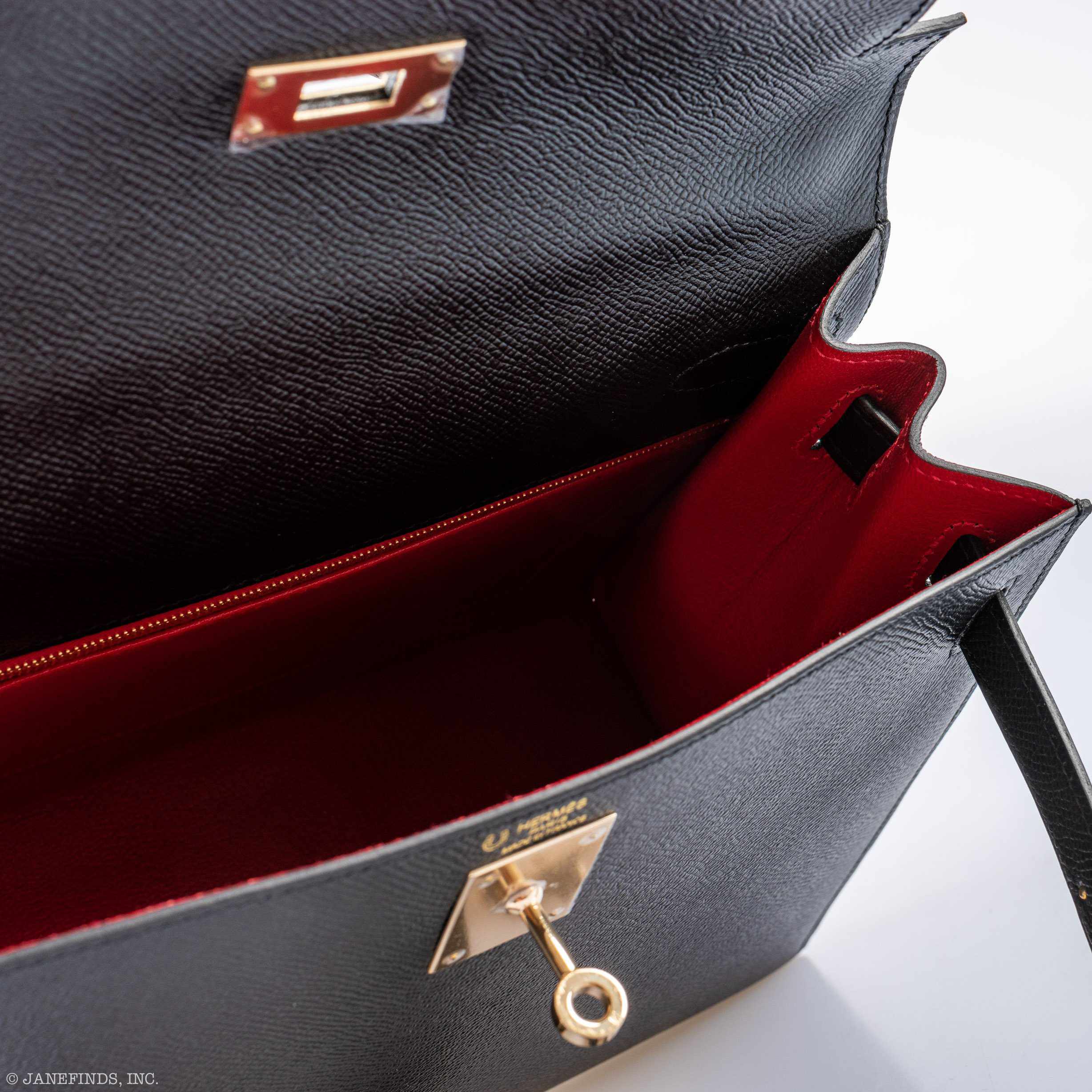 Hermès Kelly 28 Sellier HSS Black Epsom Vermillion Interior Rose Gold Hardware