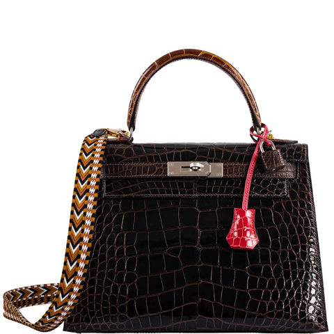 Hermès Kelly 28 Sellier Macassar, Ebene, Miel and Rose Extreme Alligator Palladium Hardware - 2021, Z
