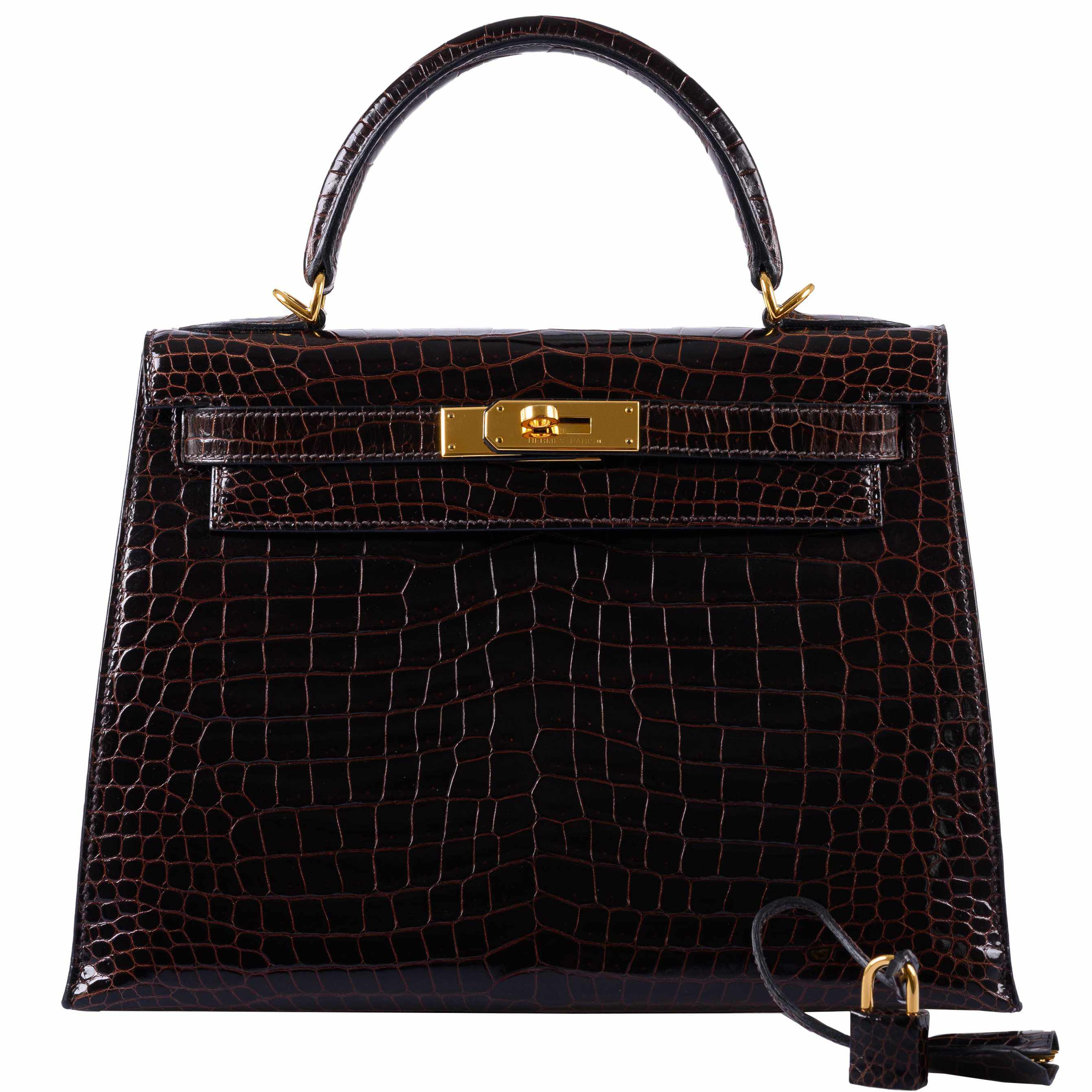 Hermès Kelly 28 Sellier Marron Foncé Shiny Porosus Crocodile Gold Hardware