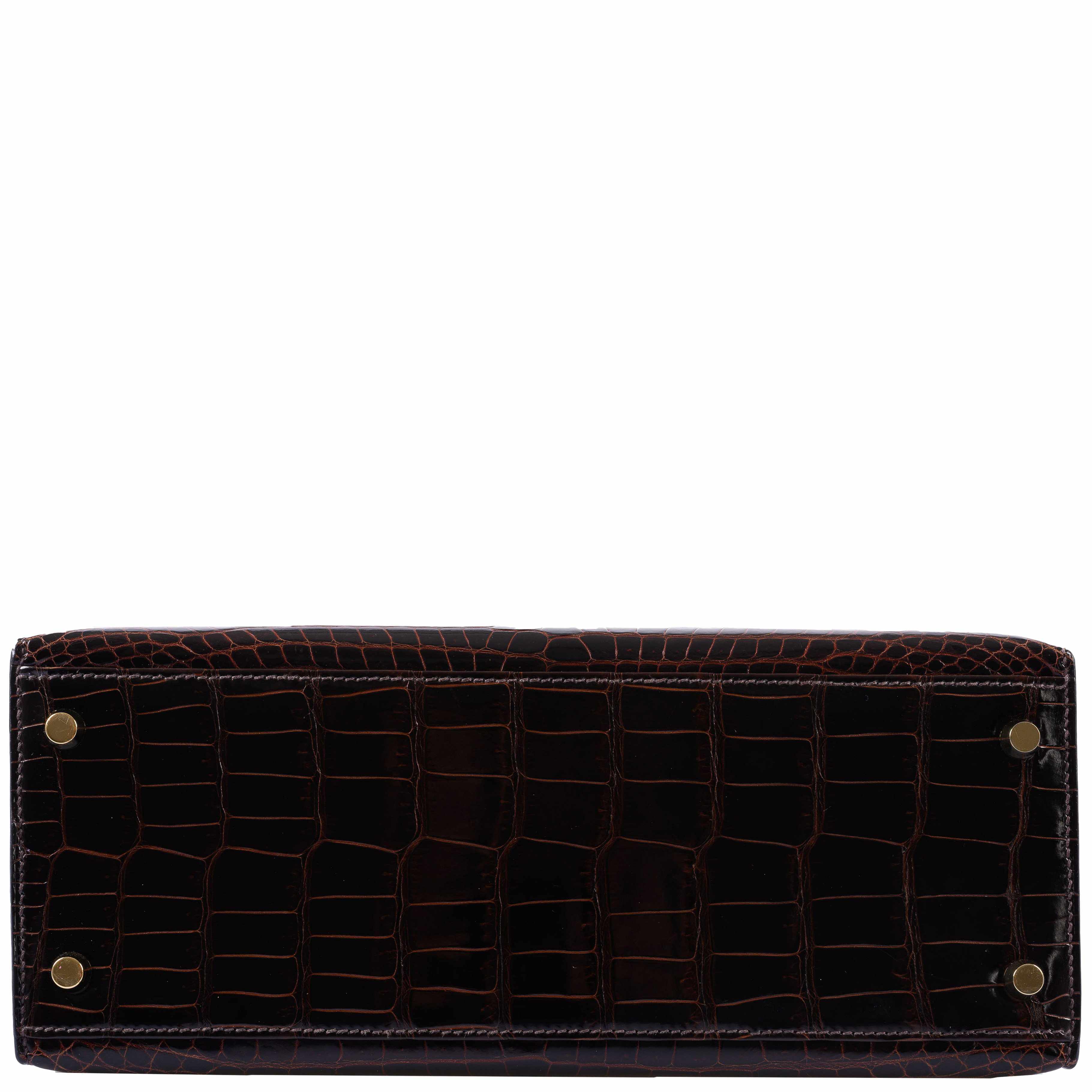 Hermès Kelly 28 Sellier Marron Foncé Shiny Porosus Crocodile Gold Hardware