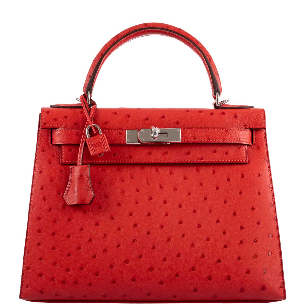 Hermes Rouge Vif GHW Ostrich Sellier Kelly 25 Handbag