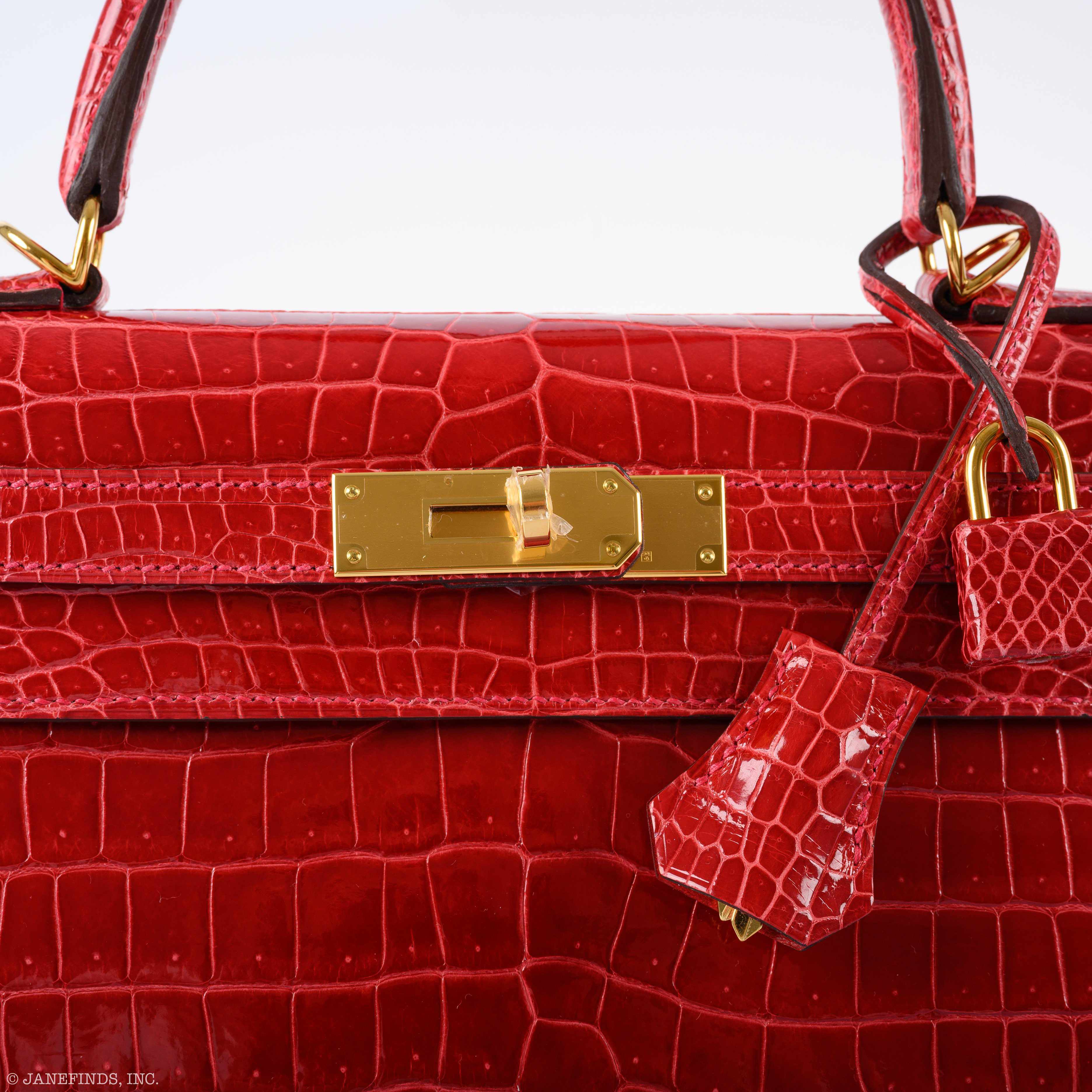 Hermès Kelly 28 Sellier Shiny Braise Porosus Crocodile Gold Hardware