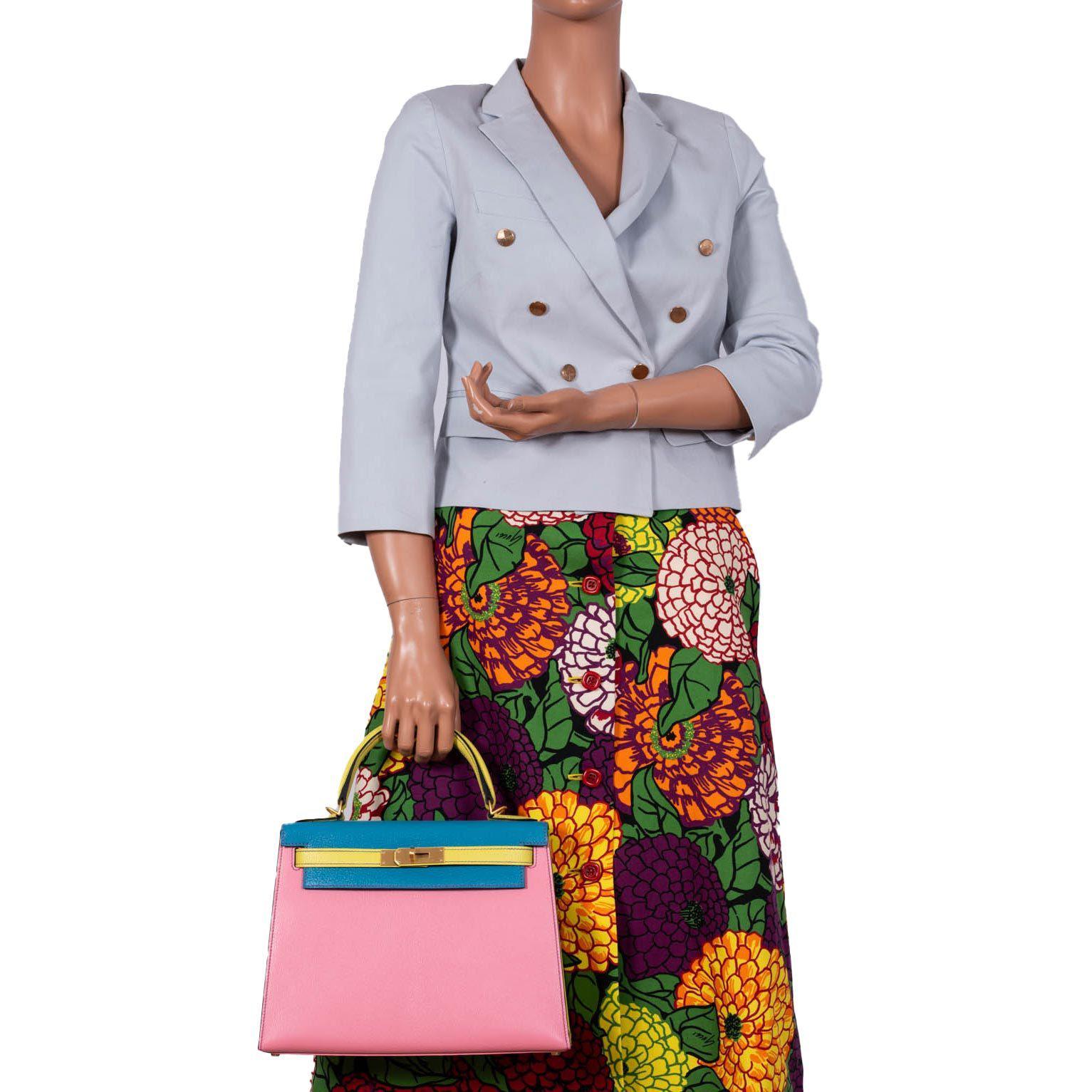 Hermès Kelly 28 Sellier Tri-Color Confetti, Lime & Aztec Chevre with Brushed Gold Hardware - 2019, D