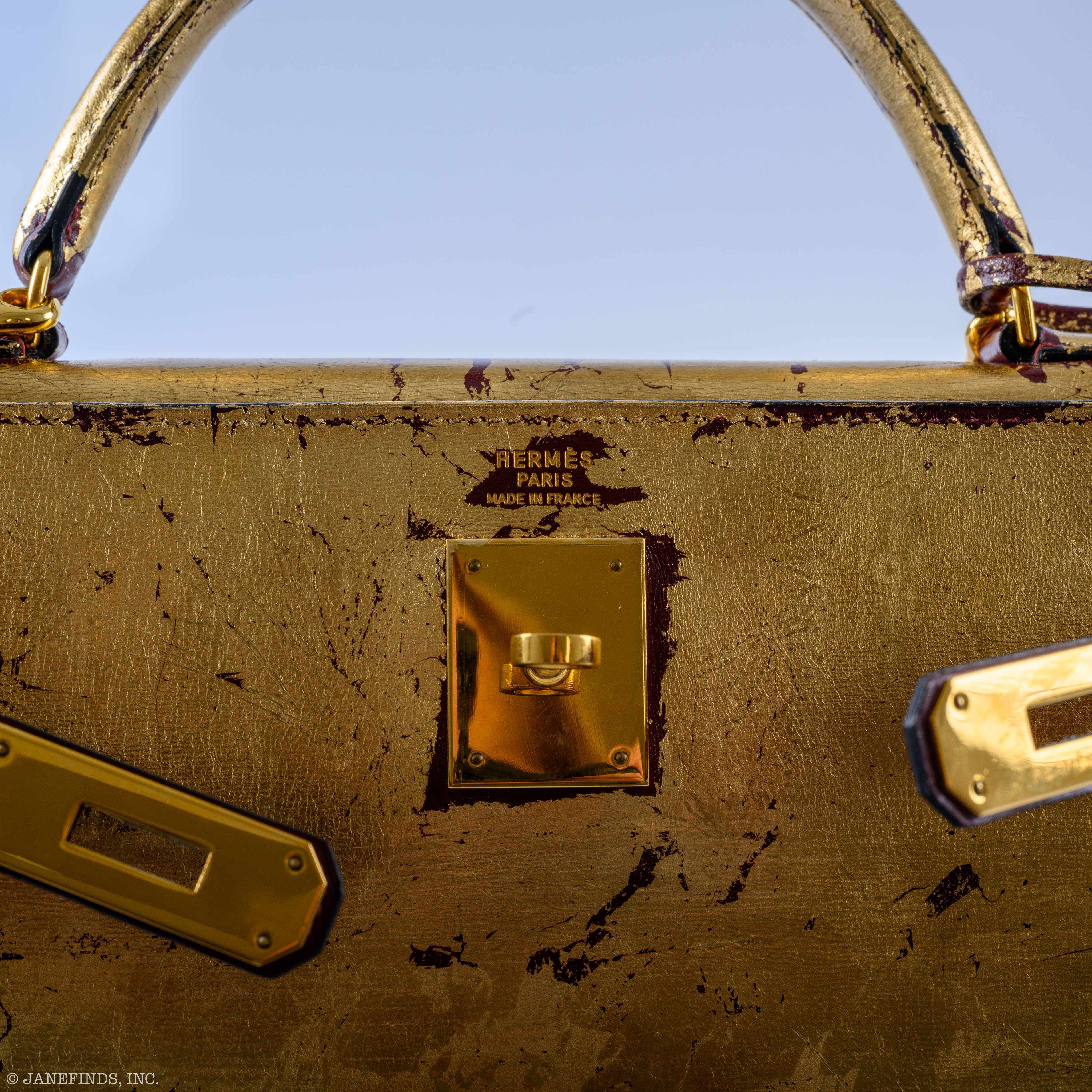 Hermès Kelly 32 Retourne "Kelly Dorée" Gold Leaf & Rouge H Box Leather Gold Hardware * JaneFinds Custom Shop