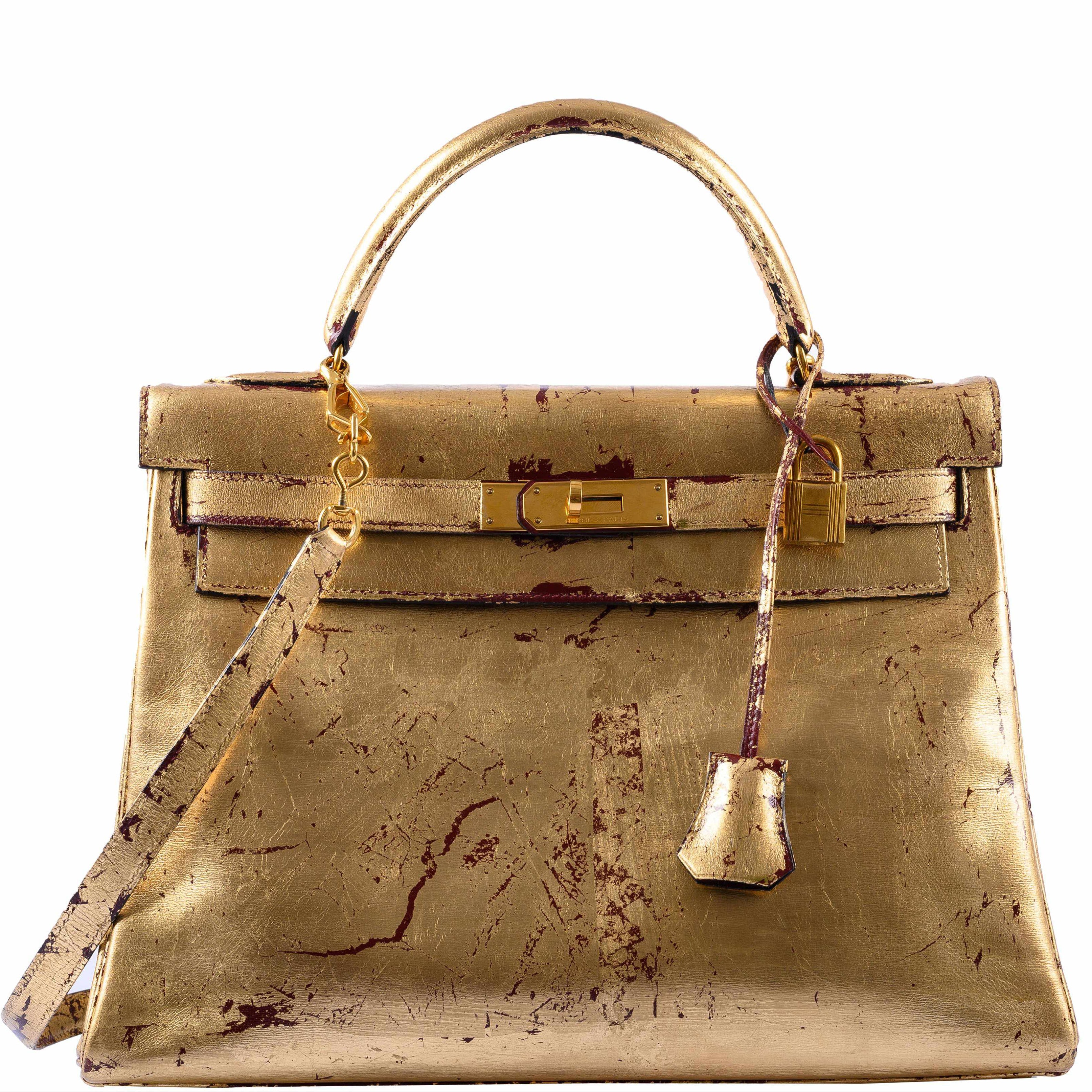 Hermès Kelly 32 Retourne "Kelly Dorée" Gold Leaf & Rouge H Box Leather Gold Hardware