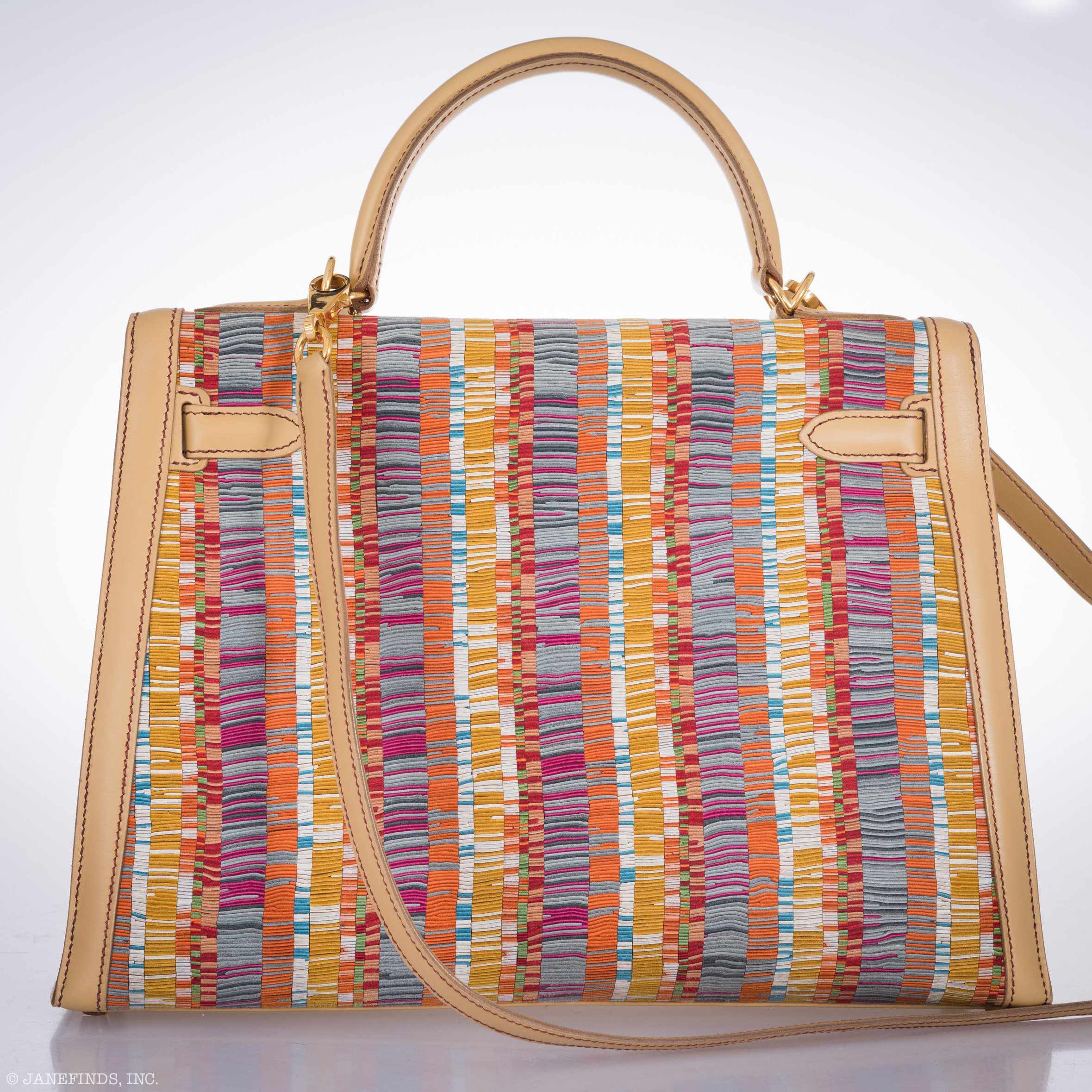 Hermès Kelly 32 Retourné Multicolor Vibrato & Natural Leather Gold Hardware