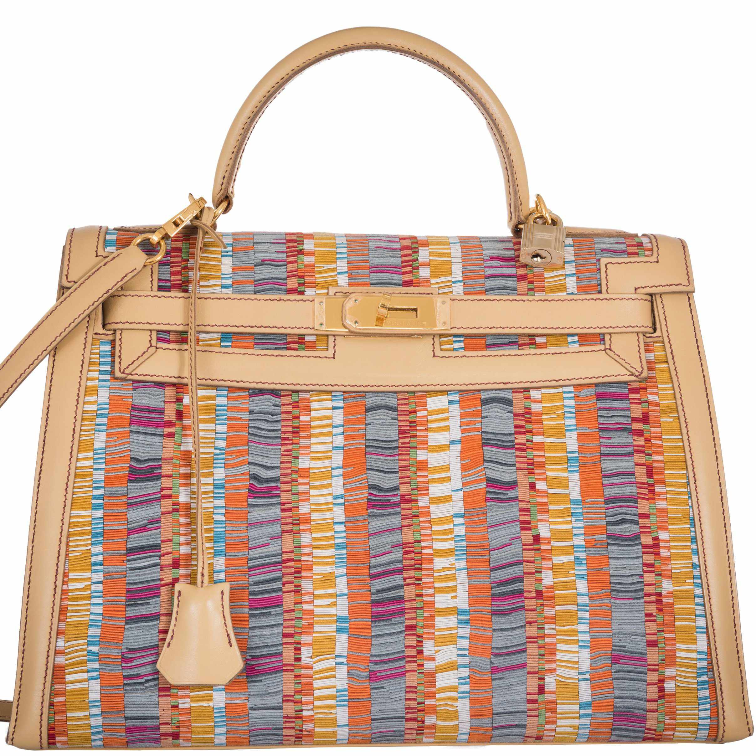 Hermès Kelly 32 Retourné Multicolor Vibrato & Natural Leather Gold Hardware