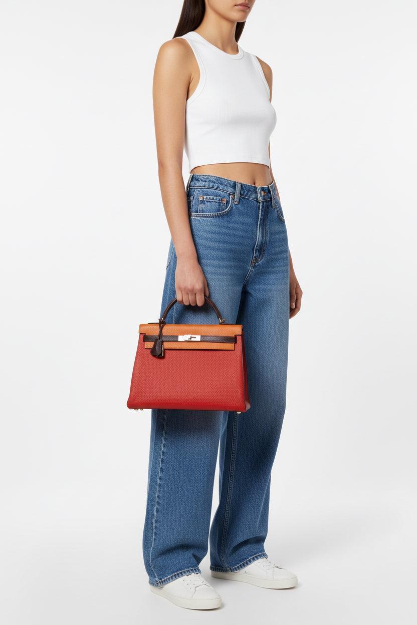 Hermès Kelly 32 Retourne Orange H, Rouge Vif & Ebene Togo with Ruthenium Hardware - 2006, J Square