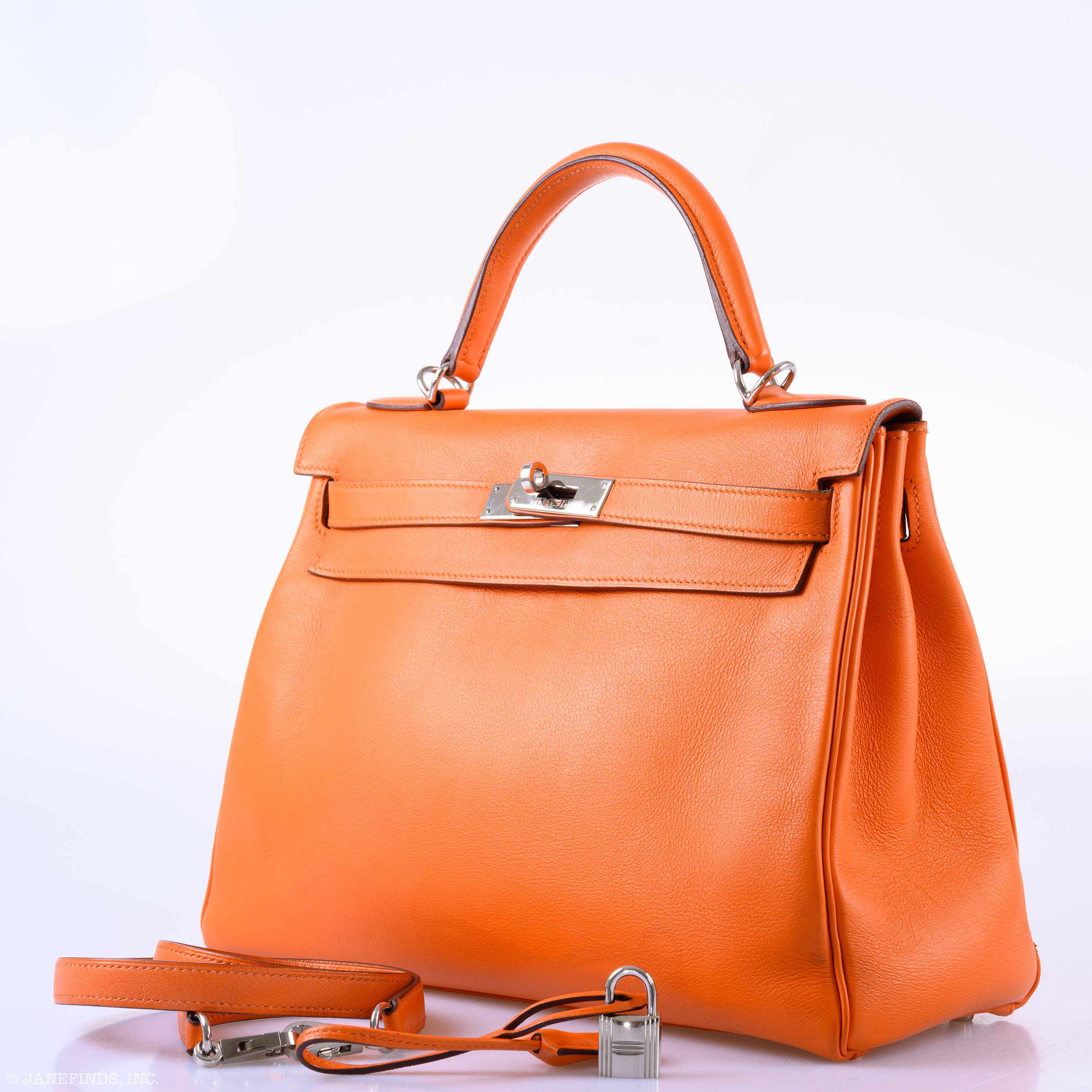 Hermès Kelly 32 Retourne Orange H Swift Palladium Hardware - 2005, I Square
