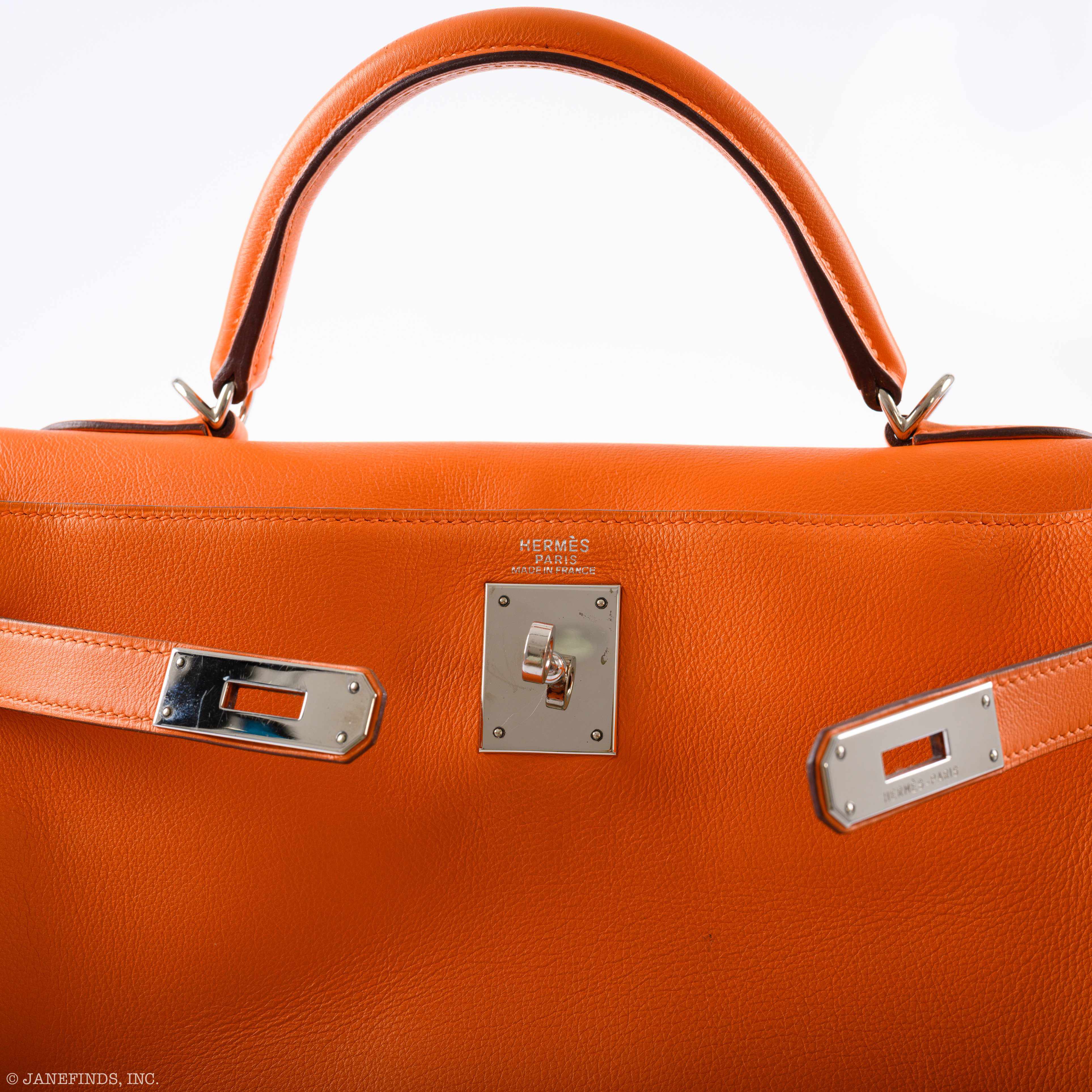 Hermès Kelly 32 Retourne Orange H Swift Palladium Hardware - 2005, I Square