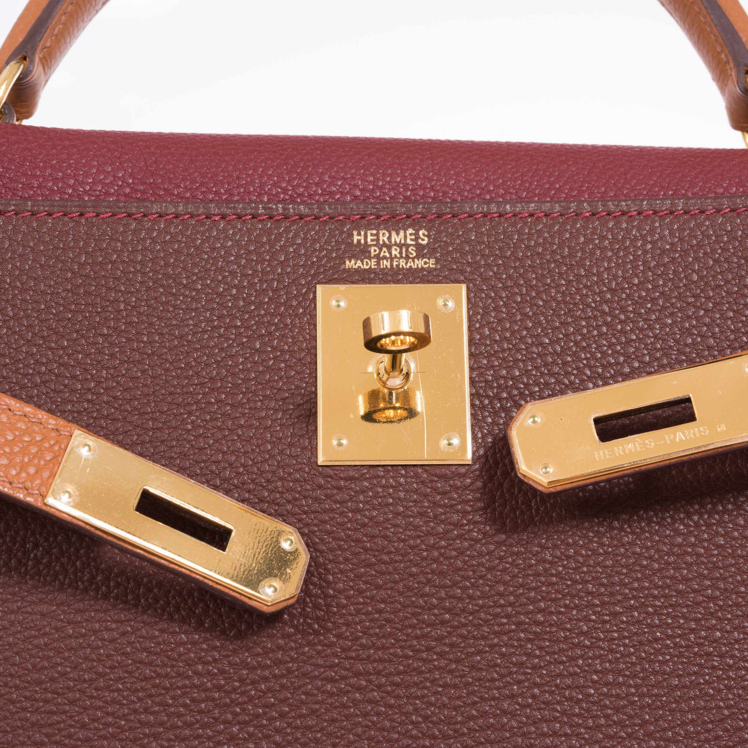 Hermès Kelly 32 Retourne Tri-Color Rouge H Havanne And Gold Togo Gold Hardware