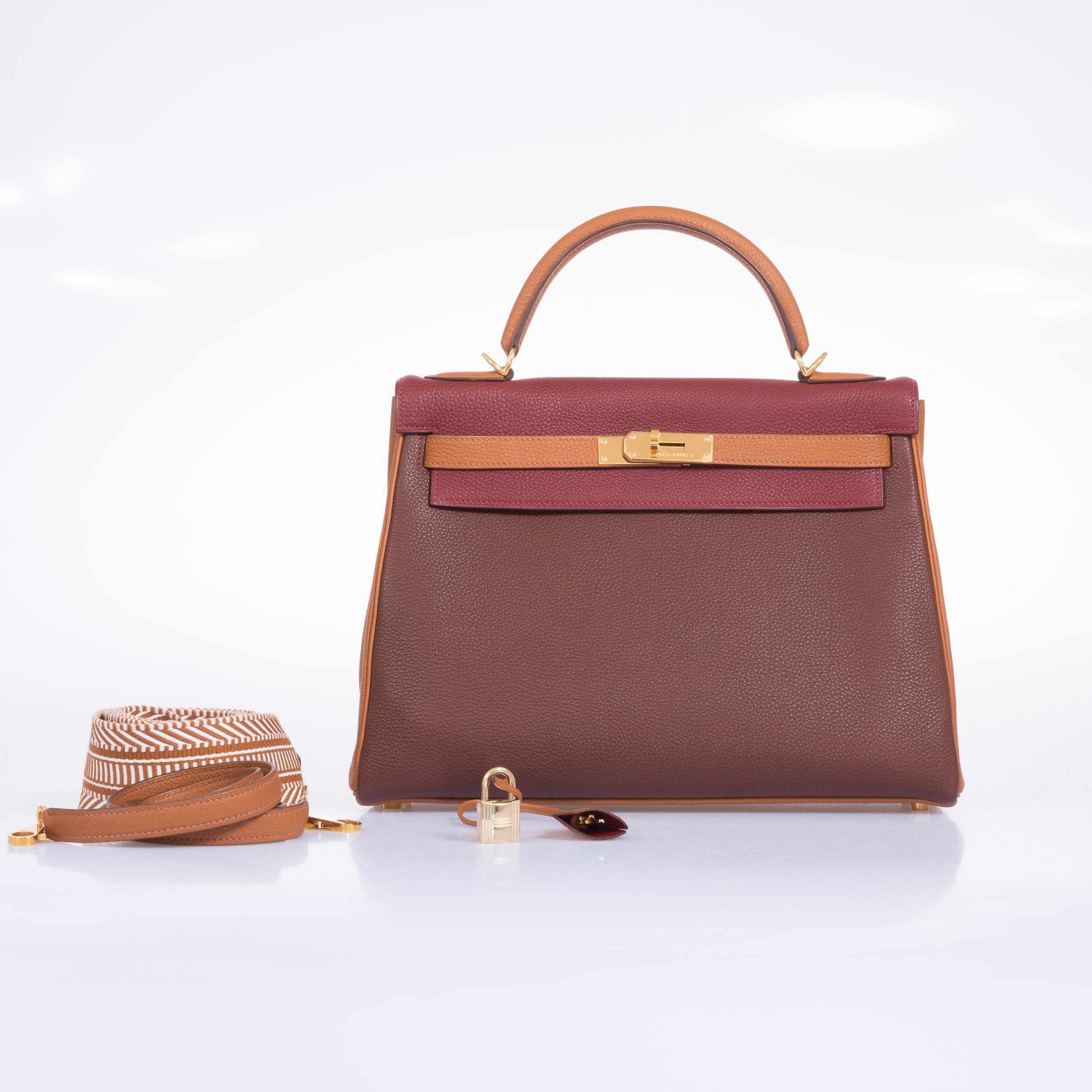 Hermès Kelly 32 Retourne Tri-Color Rouge H Havanne And Gold Togo Gold Hardware