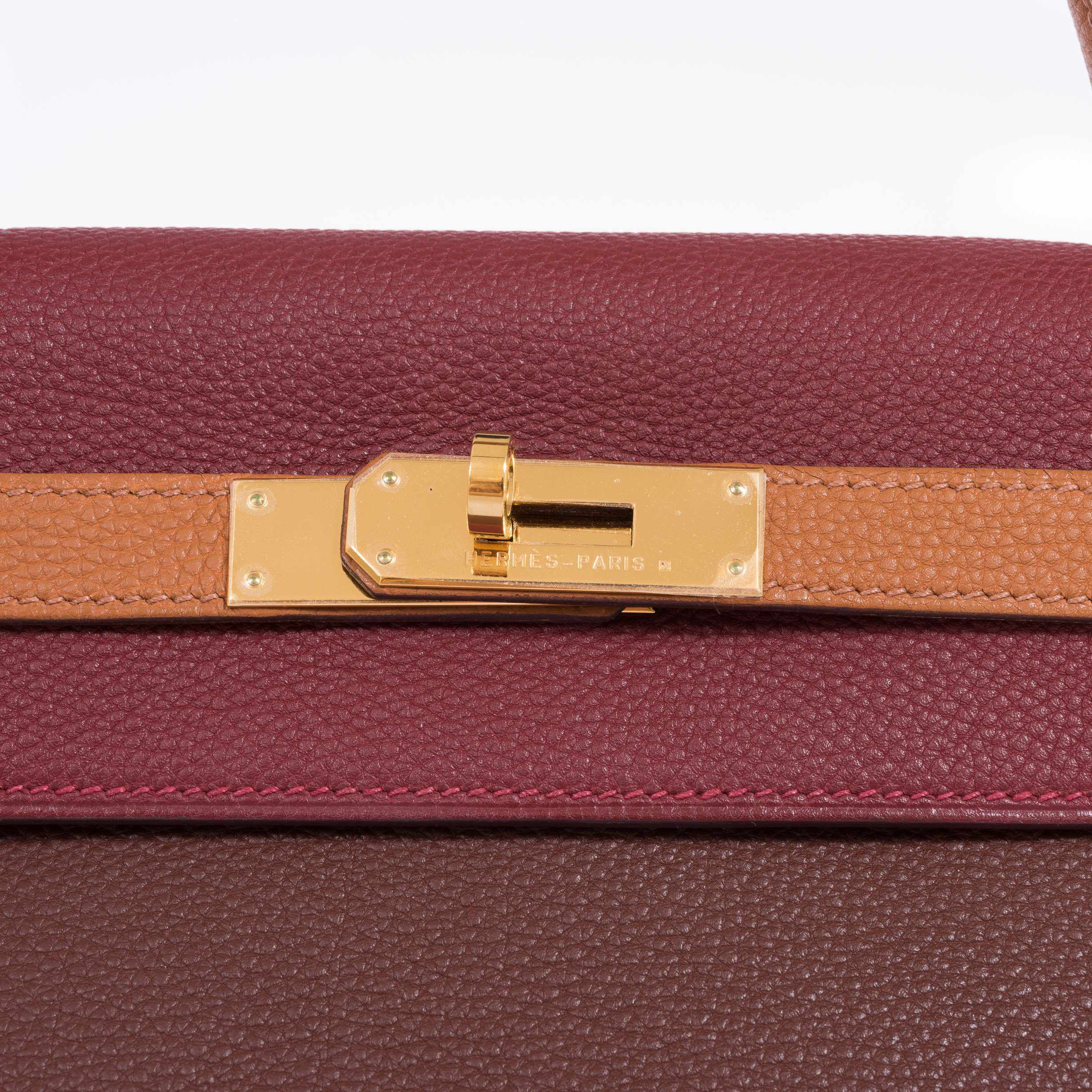 Hermès Kelly 32 Retourne Tri-Color Rouge H Havanne And Gold Togo Gold Hardware