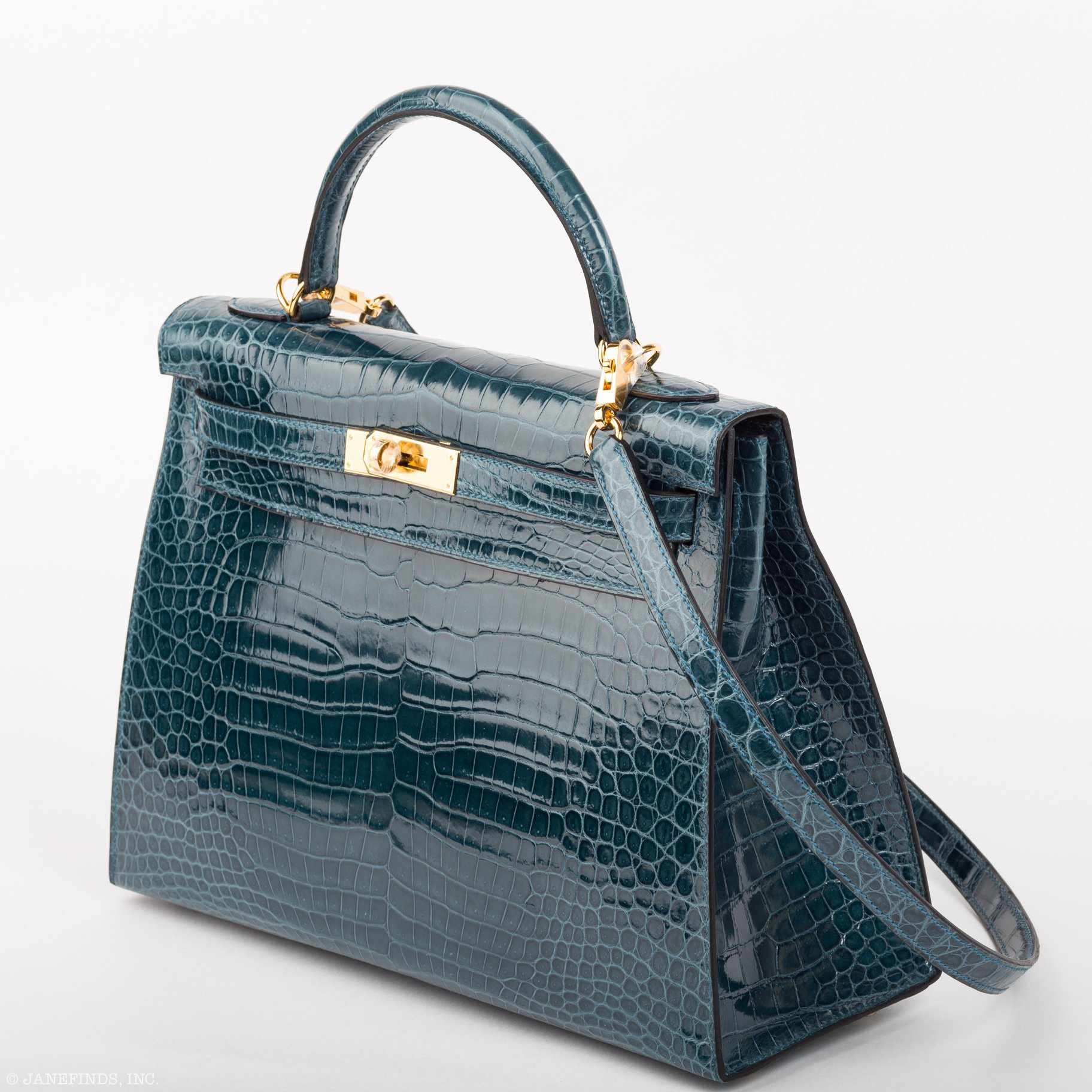 Hermès Kelly 32 Sellier Blue Roi Porosus Crocodile Gold hardware