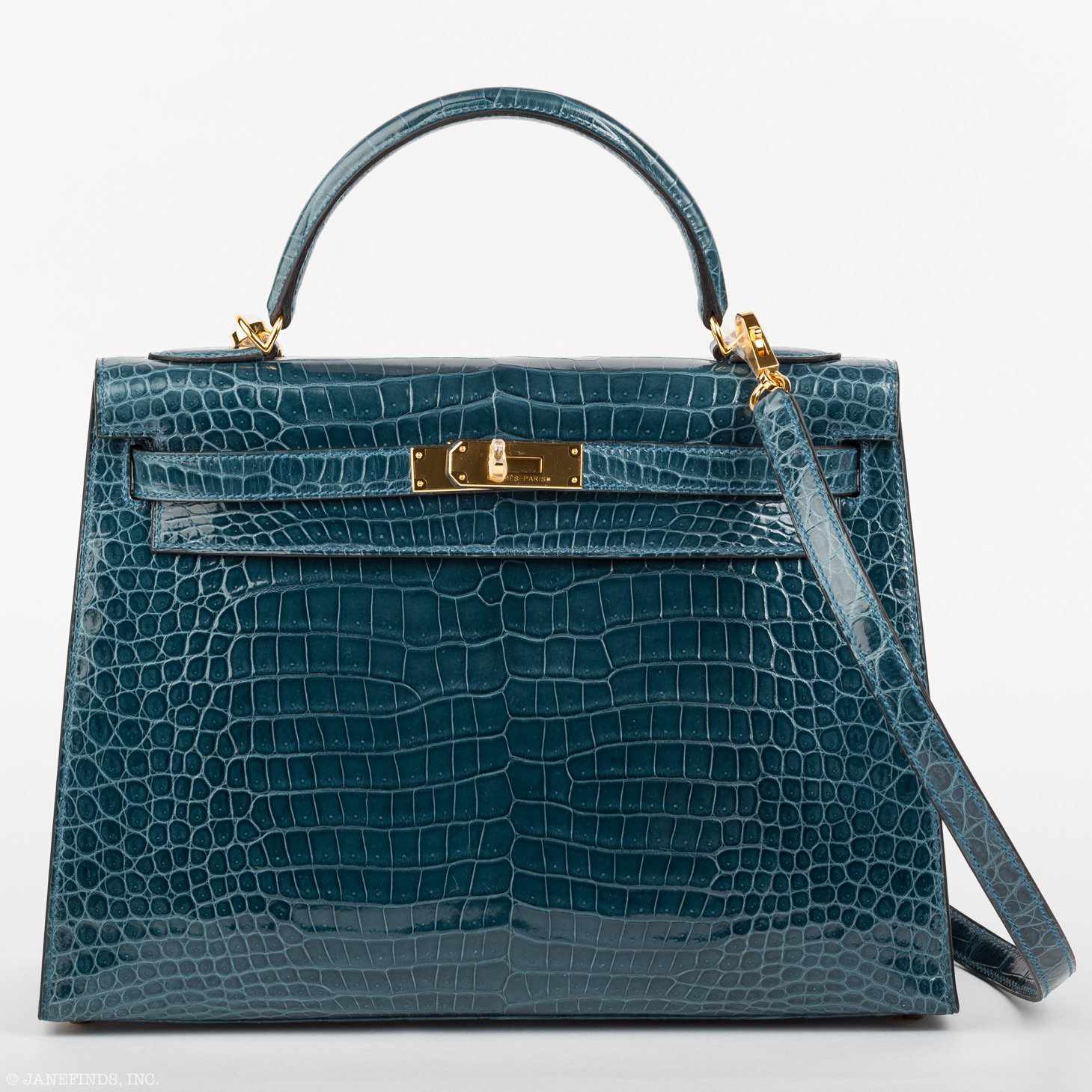 Hermès Kelly 32 Sellier Blue Roi Porosus Crocodile Gold hardware