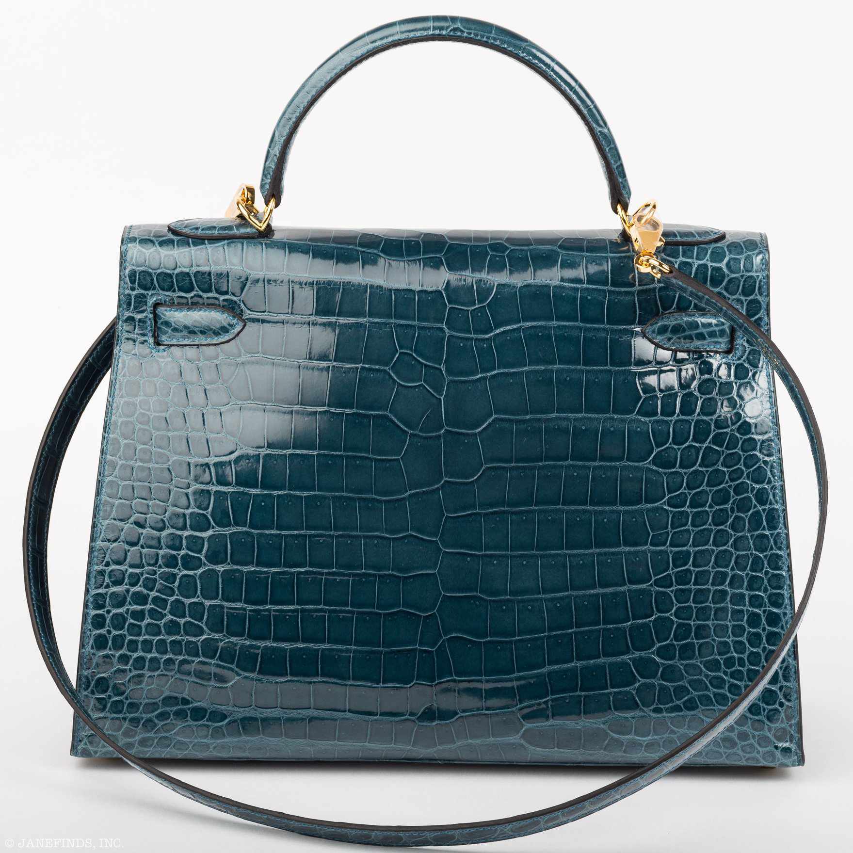 Hermès Kelly 32 Sellier Blue Roi Porosus Crocodile Gold hardware