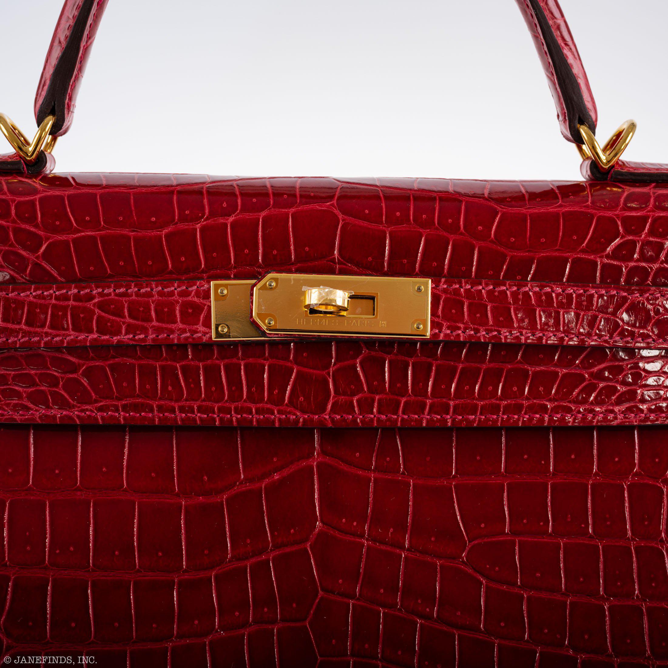 Hermès Kelly 32 Sellier Braise Porosus Crocodile Gold Hardware