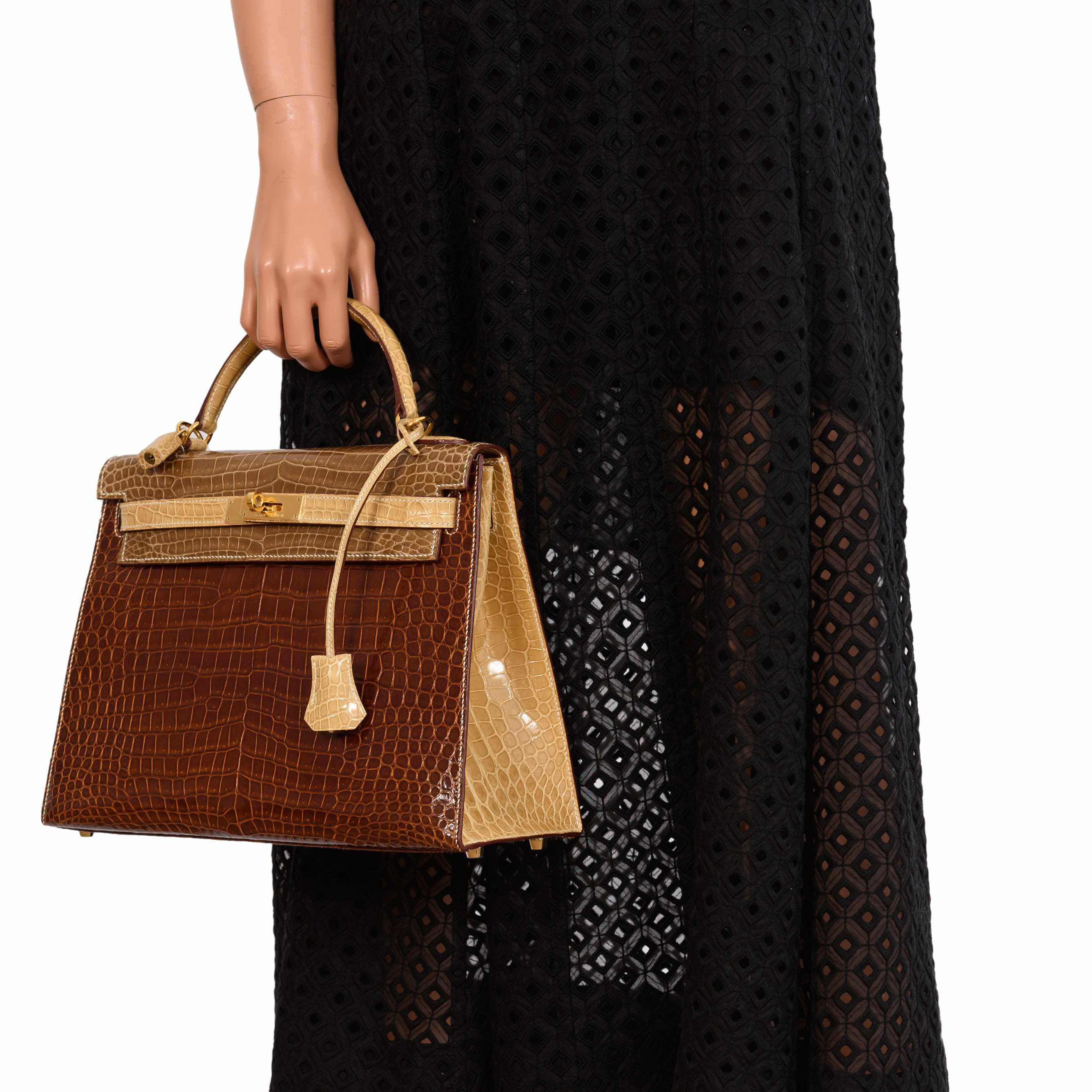Hermès Kelly 32 Sellier Miel, Ficelle & Poussiere Porosus Crocodile Gold Hardware - 2007 Special Order